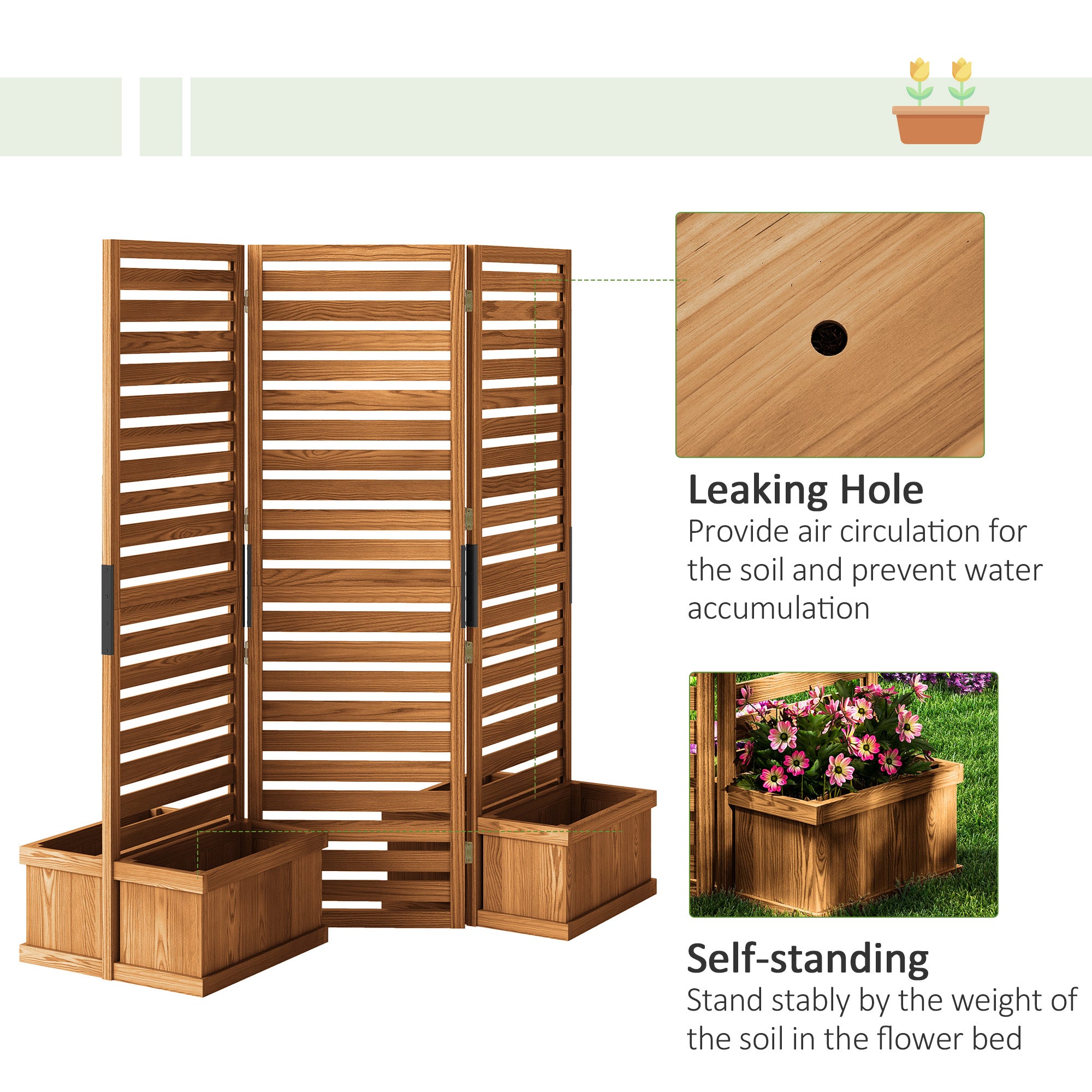 3-Panel Wood Outdoor Privacy Screen with 4 Planter Boxes-DECOROLALA