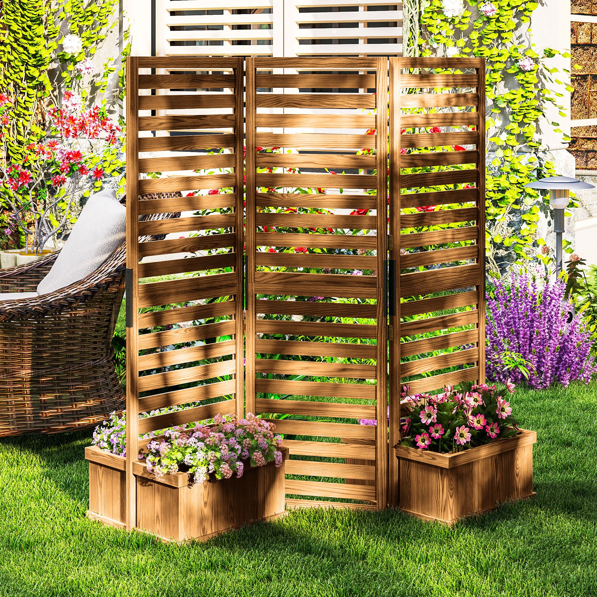 3-Panel Wood Outdoor Privacy Screen with 4 Planter Boxes-DECOROLALA