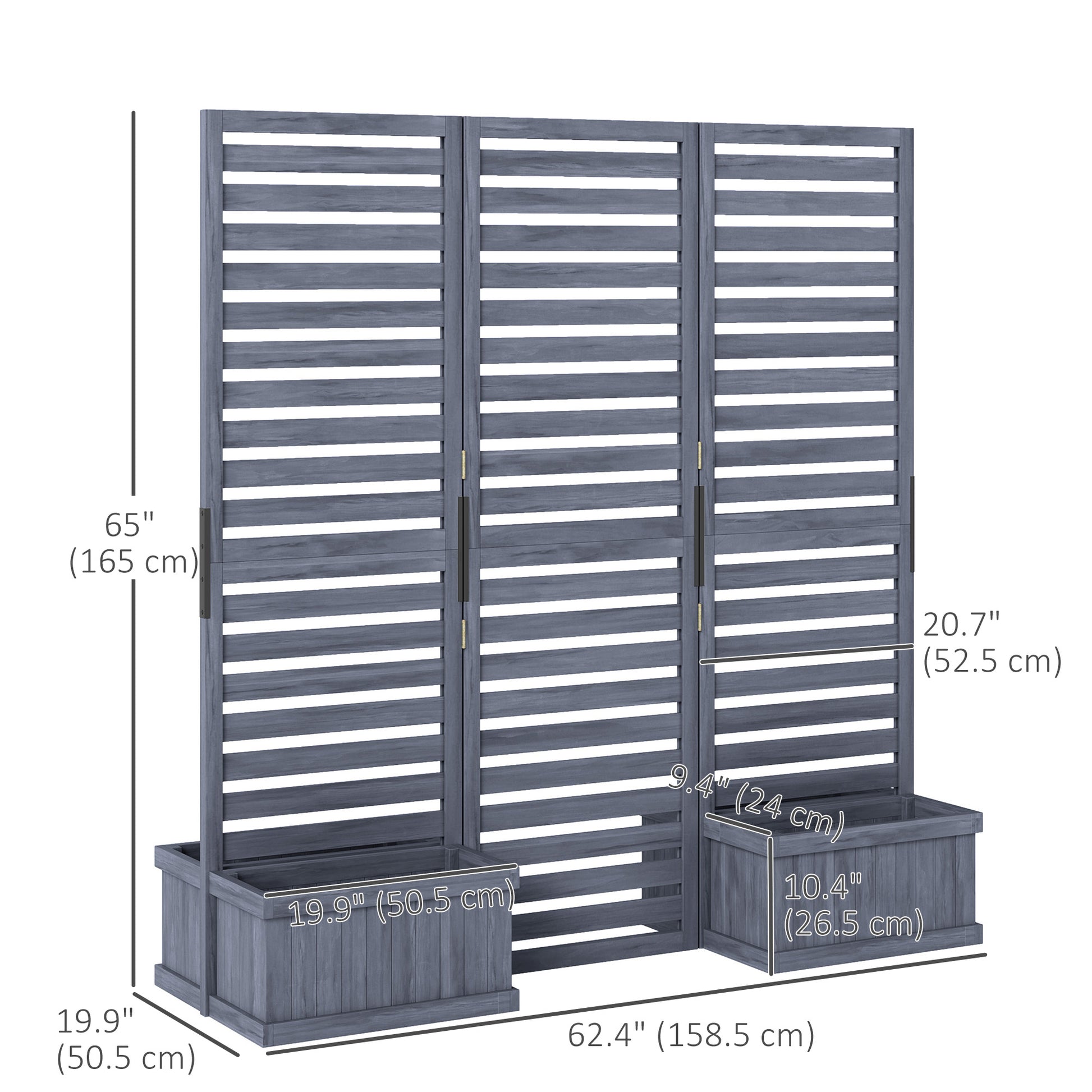 3-Panel Wood Privacy Screen with 4 Planter Boxes - Grey-DECOROLALA