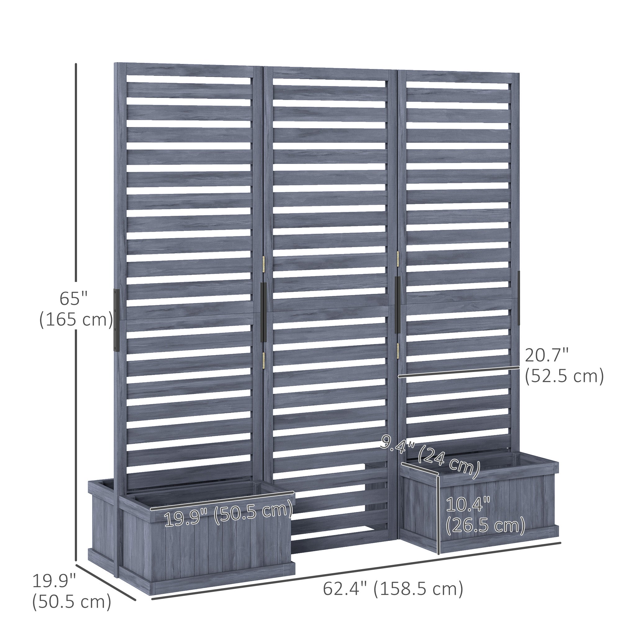 3-Panel Wood Privacy Screen with 4 Planter Boxes - Grey-DECOROLALA