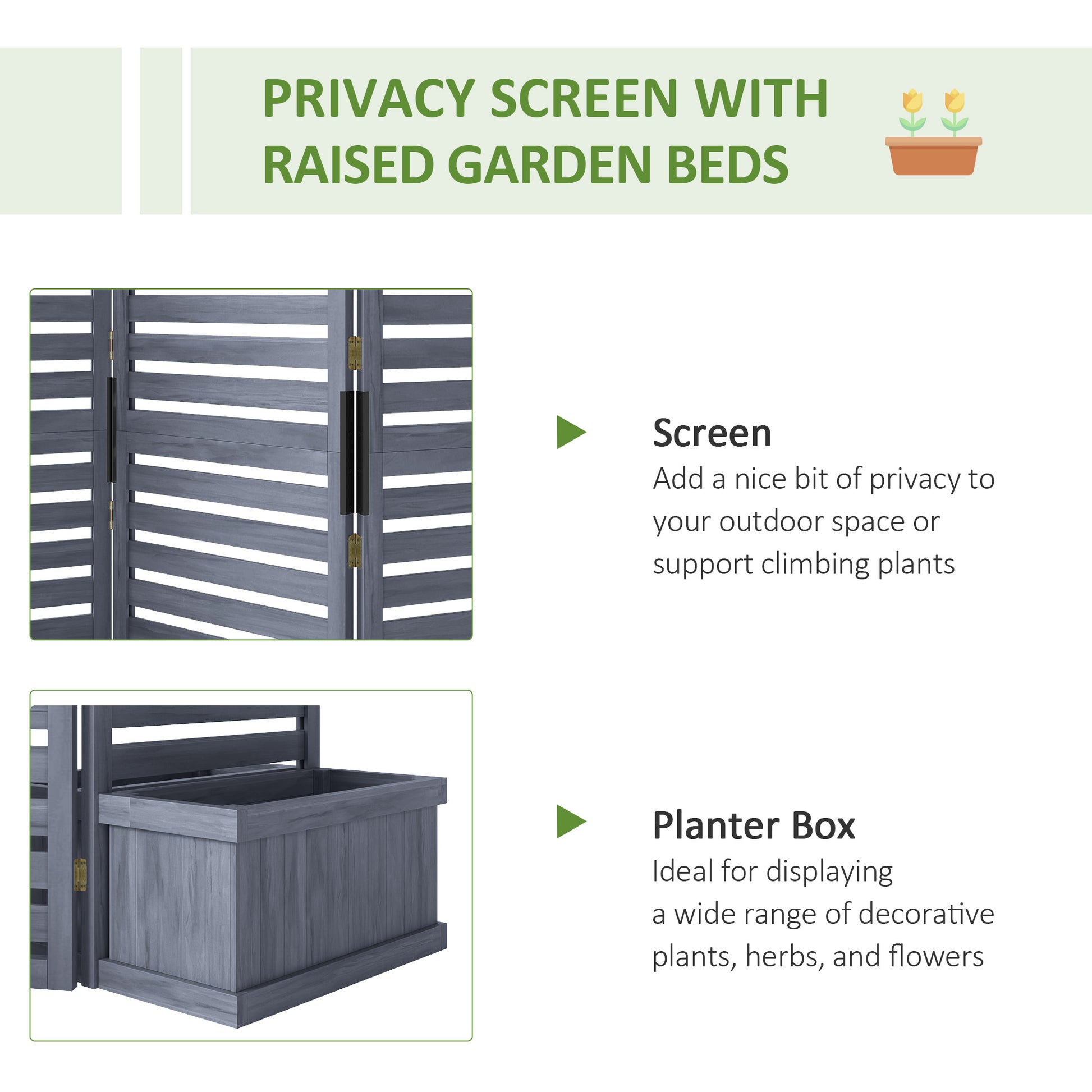 3-Panel Wood Privacy Screen with 4 Planter Boxes - Grey-DECOROLALA