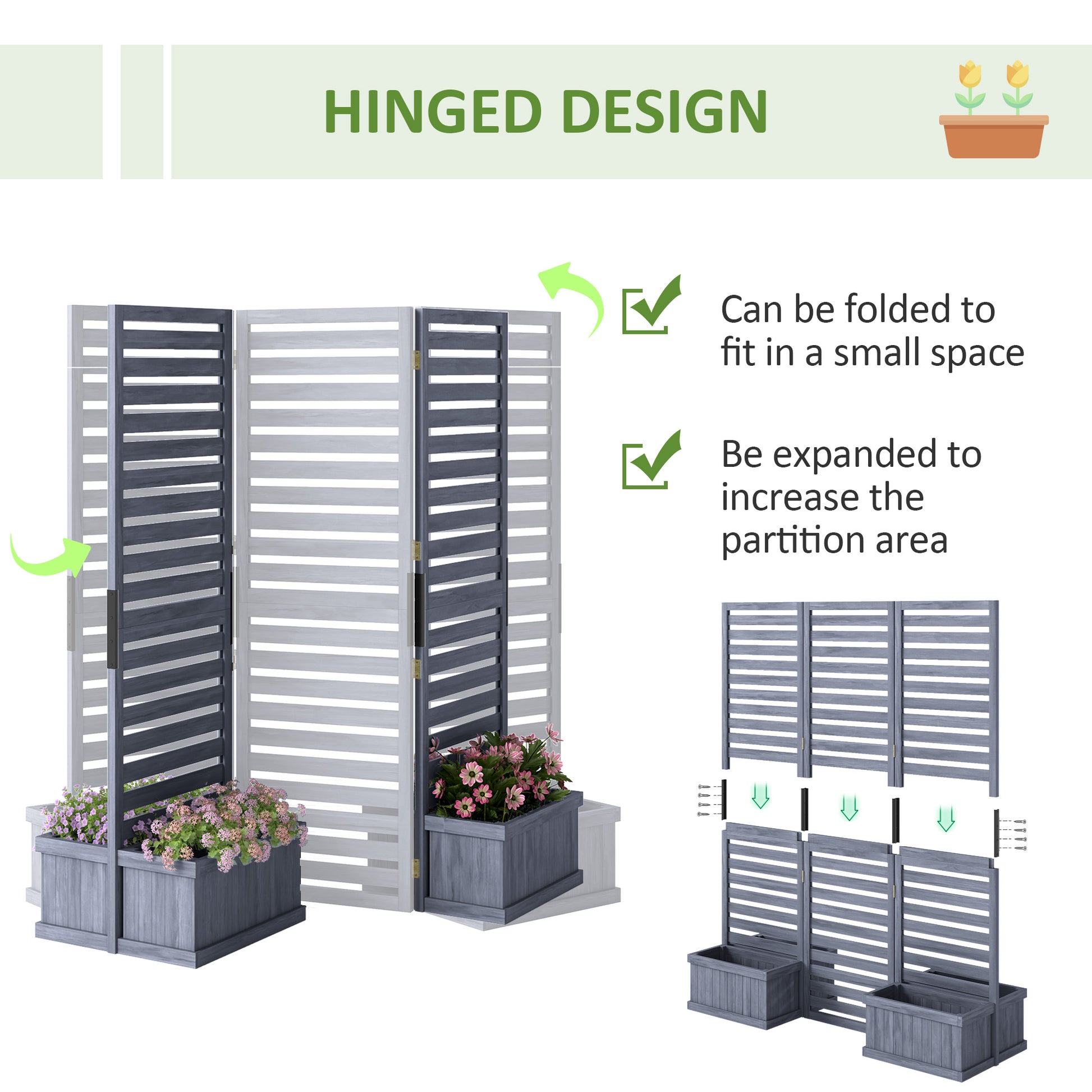 3-Panel Wood Privacy Screen with 4 Planter Boxes - Grey-DECOROLALA