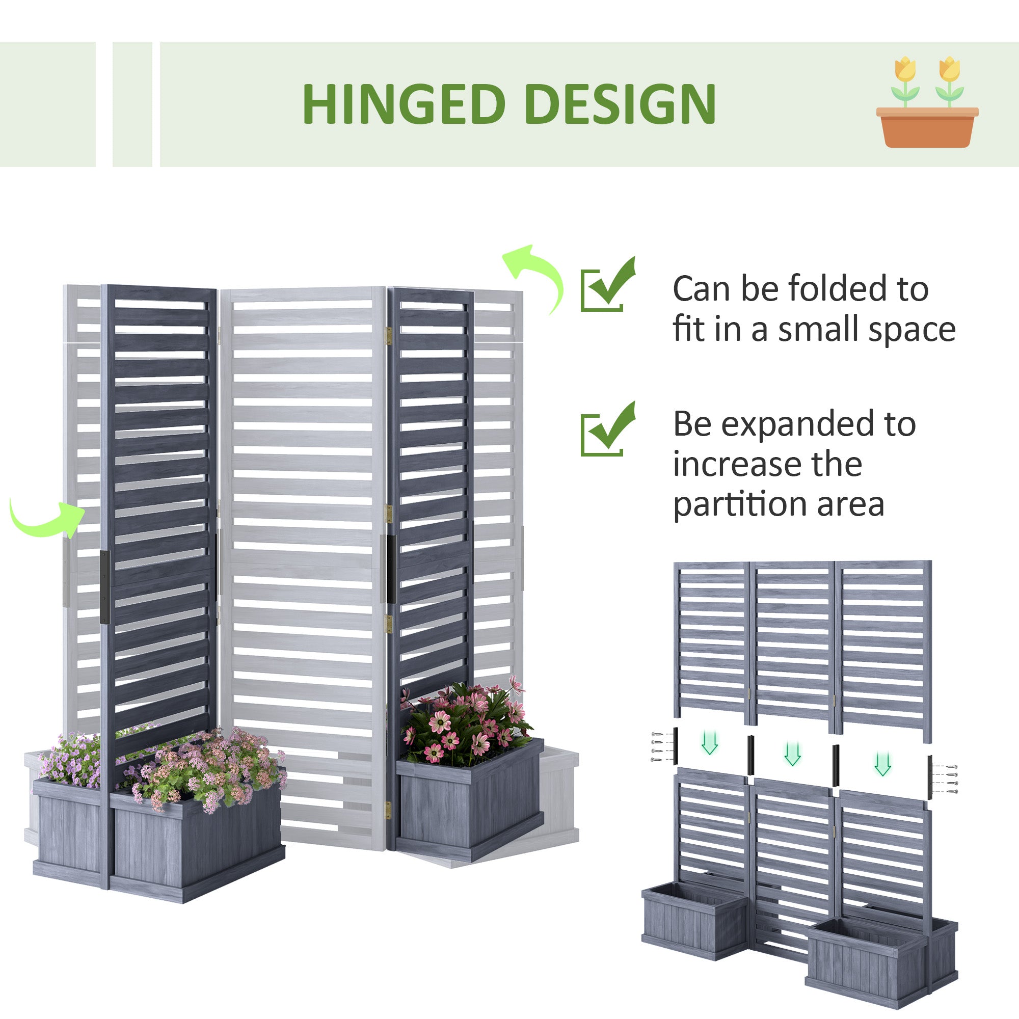 3-Panel Wood Privacy Screen with 4 Planter Boxes - Grey-DECOROLALA