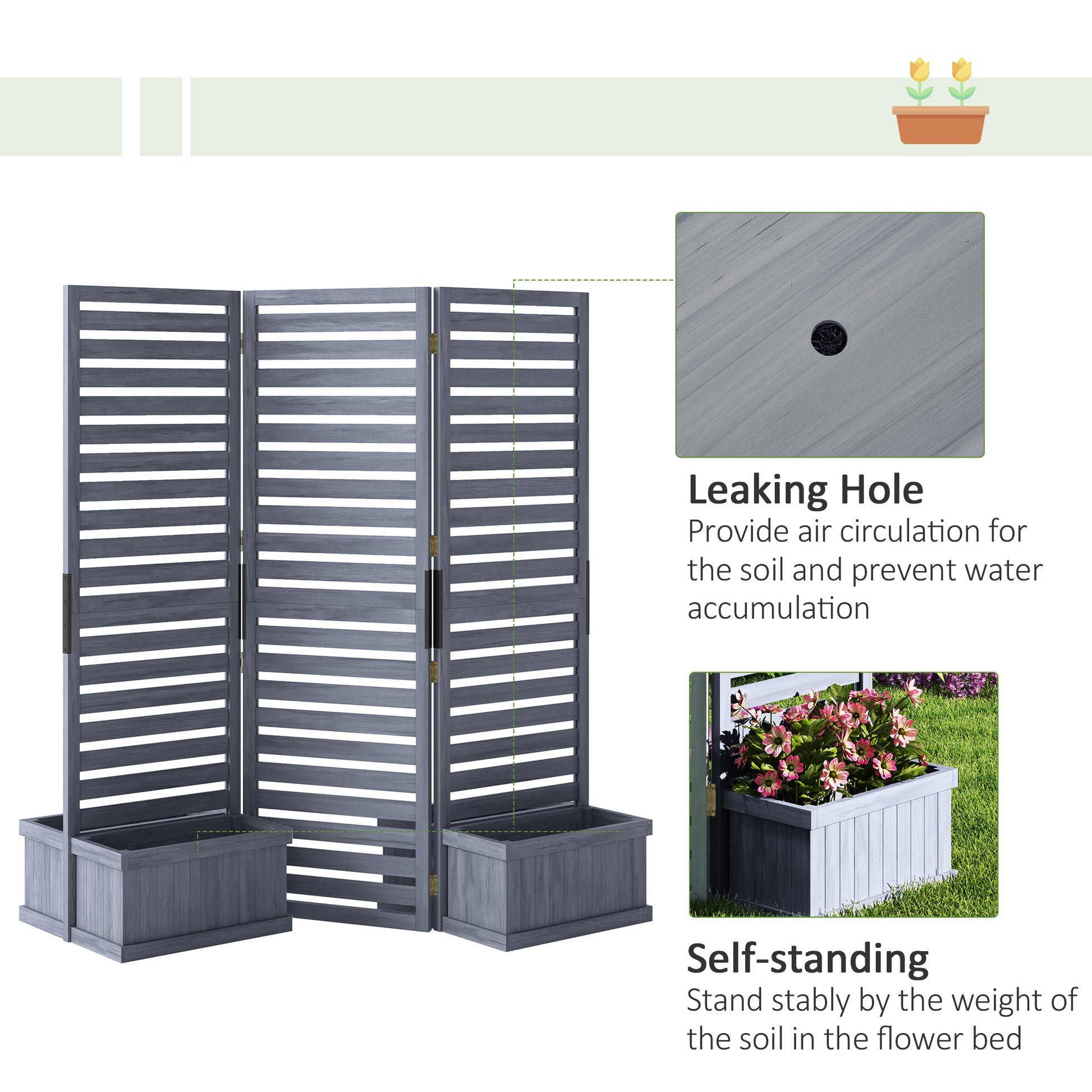3-Panel Wood Privacy Screen with 4 Planter Boxes - Grey-DECOROLALA
