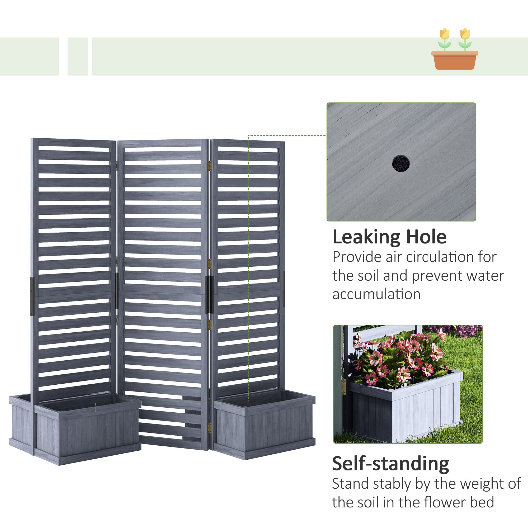 3-Panel Wood Privacy Screen with 4 Planter Boxes - Grey-DECOROLALA
