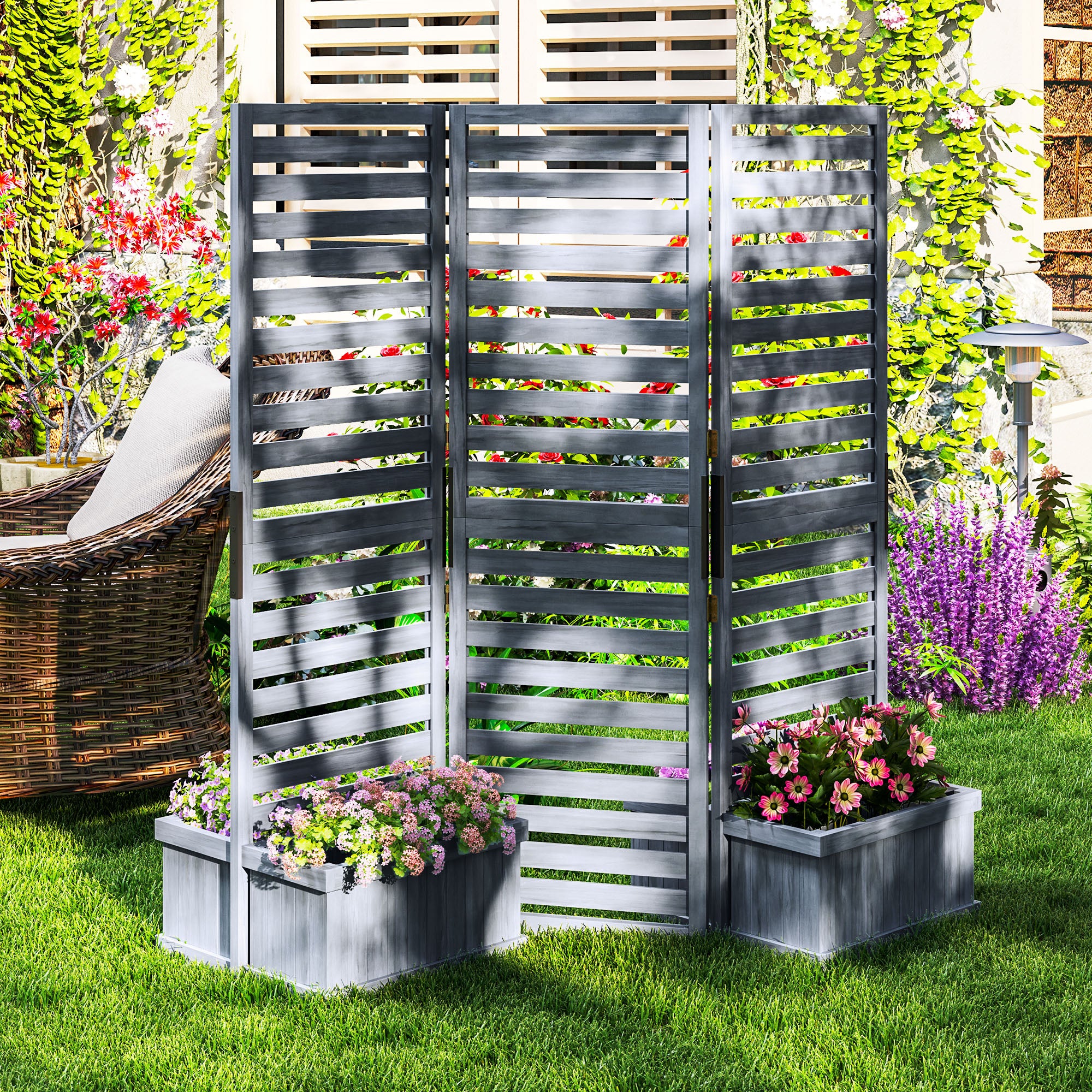 3-Panel Wood Privacy Screen with 4 Planter Boxes - Grey-DECOROLALA