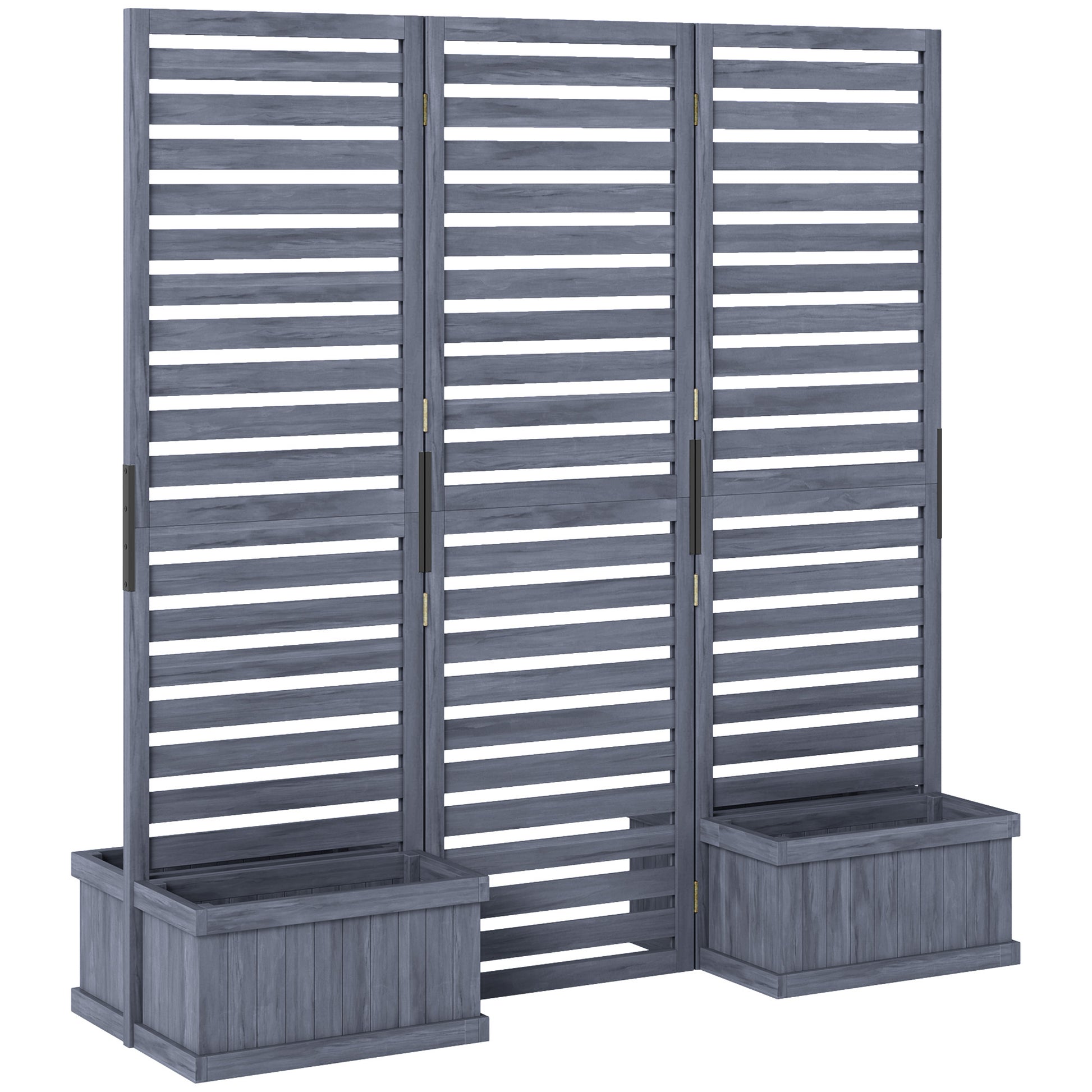 3-Panel Wood Privacy Screen with 4 Planter Boxes - Grey-DECOROLALA