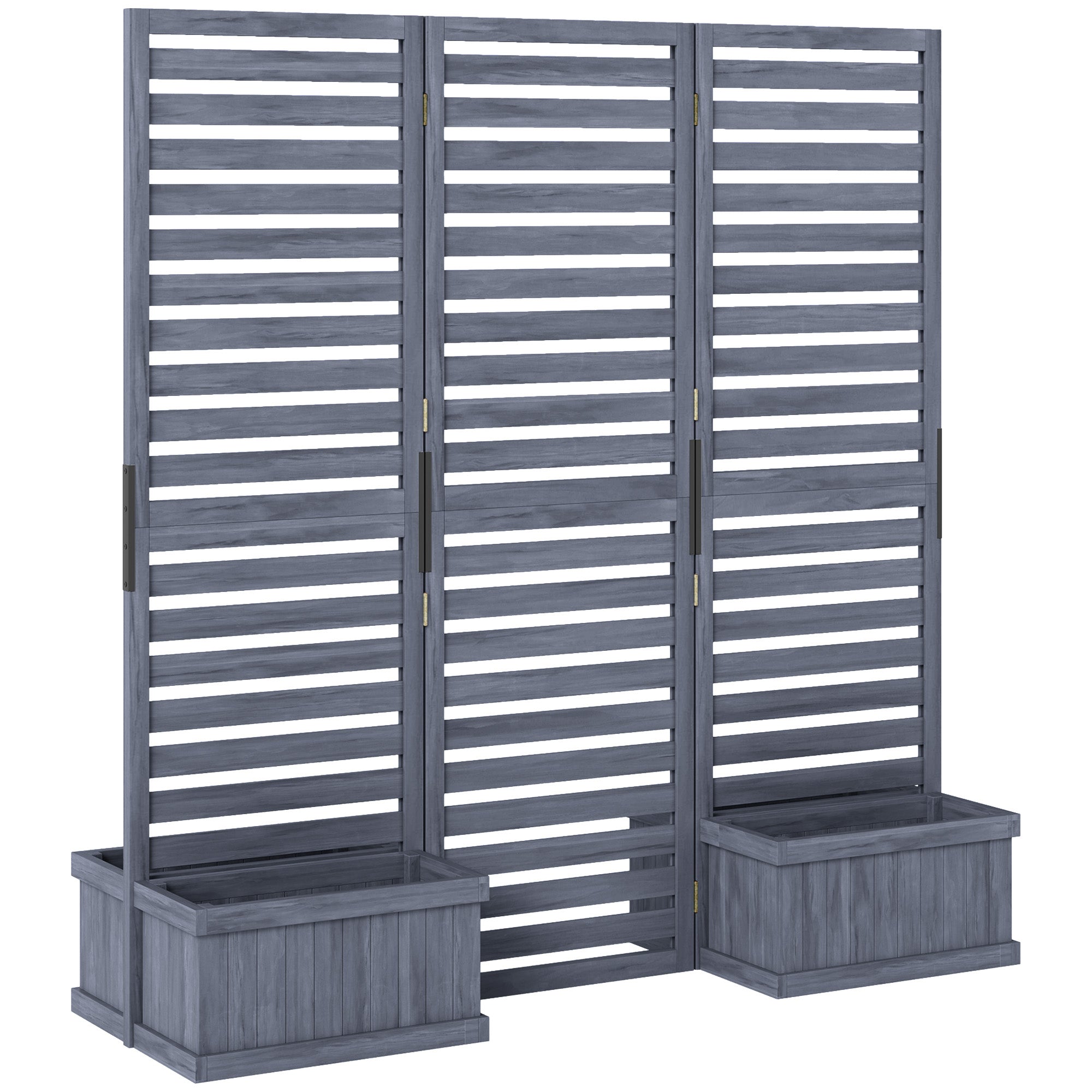 3-Panel Wood Privacy Screen with 4 Planter Boxes - Grey-DECOROLALA