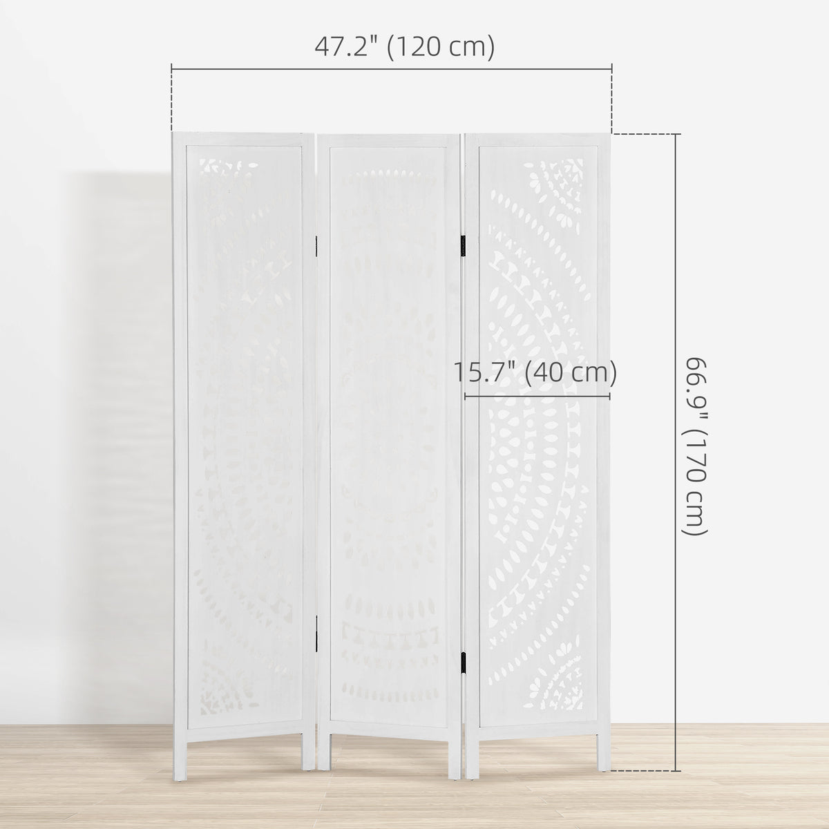 3 Panel Wood Room Divider - 5.6' Tall Folding Screen White-Home Furnishings > Living Room Furniture > Room Dividers-DECOROLALA