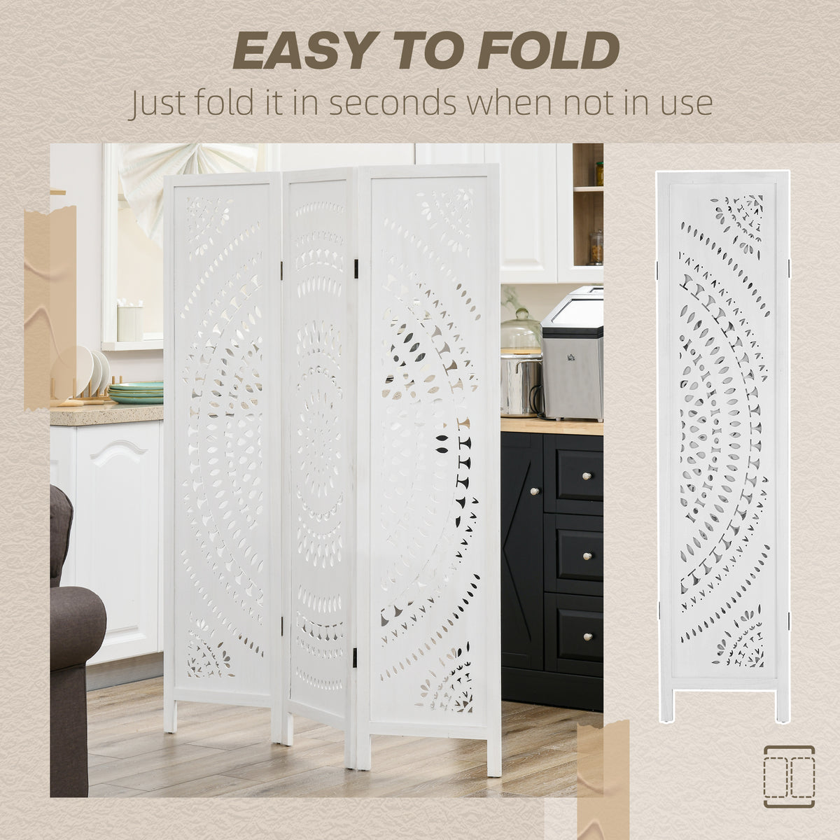 3 Panel Wood Room Divider - 5.6' Tall Folding Screen White-Home Furnishings > Living Room Furniture > Room Dividers-DECOROLALA