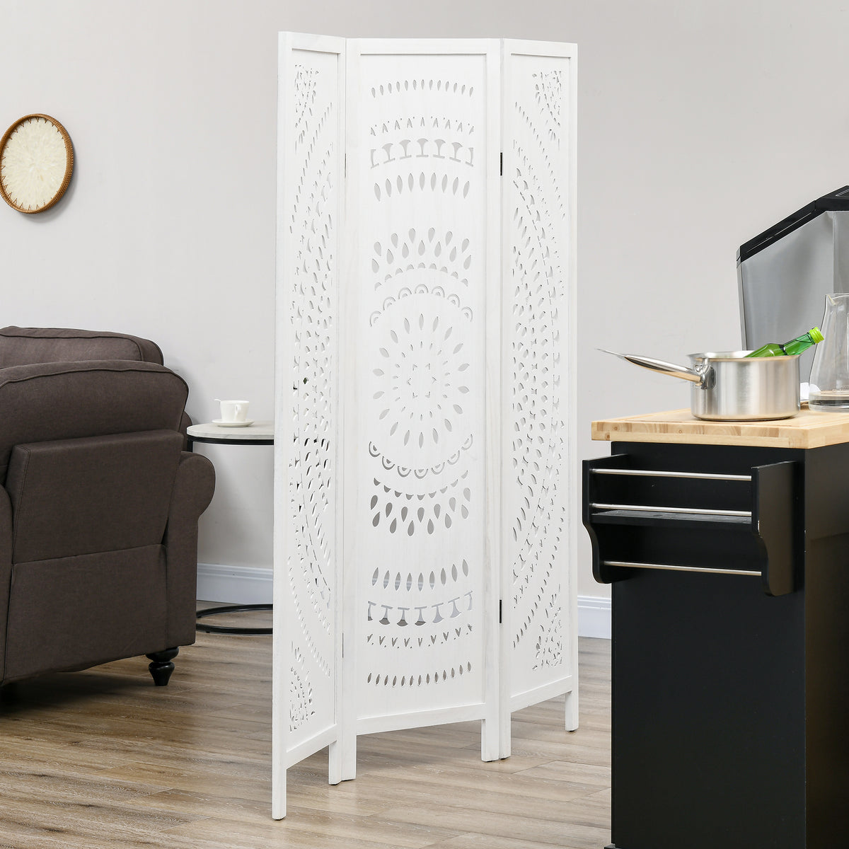 3 Panel Wood Room Divider - 5.6' Tall Folding Screen White-Home Furnishings > Living Room Furniture > Room Dividers-DECOROLALA