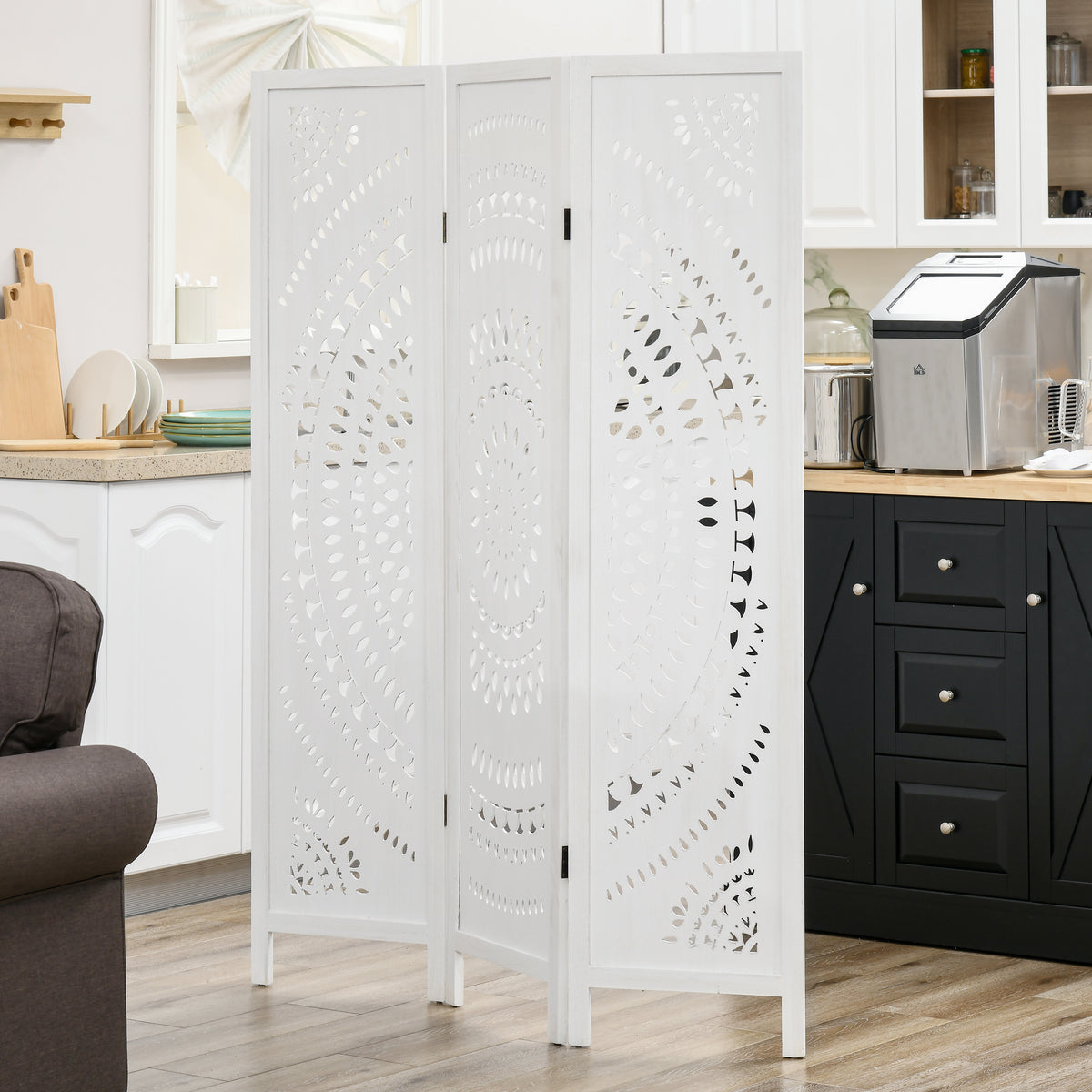 3 Panel Wood Room Divider - 5.6' Tall Folding Screen White-Home Furnishings > Living Room Furniture > Room Dividers-DECOROLALA