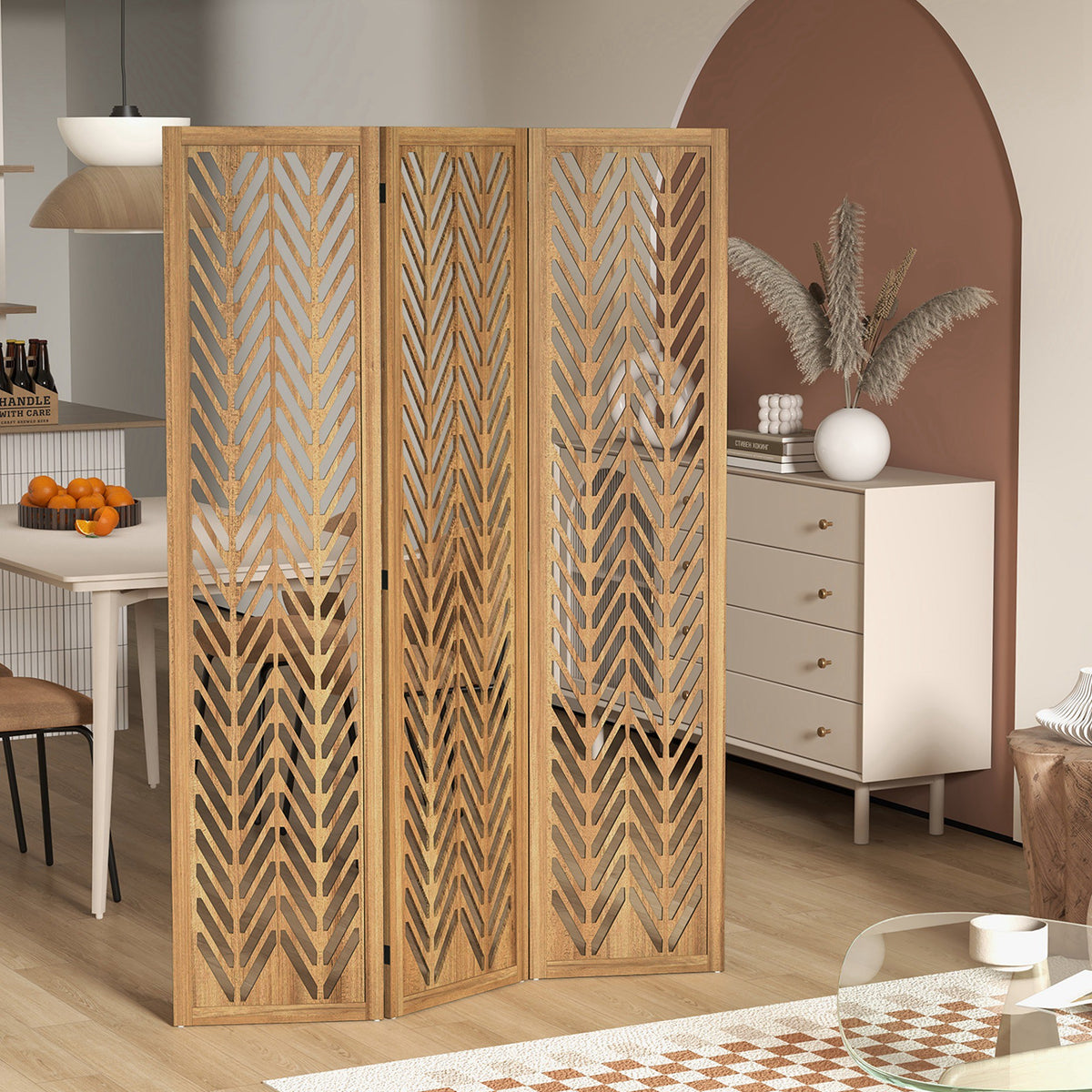 3-Panel Wood Room Divider - 5.6ft Tall Light Brown-Home Furnishings > Living Room Furniture > Room Dividers-DECOROLALA
