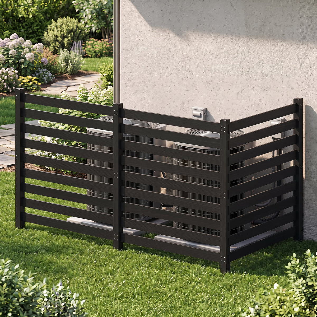 3-Panel Wooden Outdoor Privacy Fence with Ground Stakes-Black-Outdoor Privacy Screens-DECOROLALA