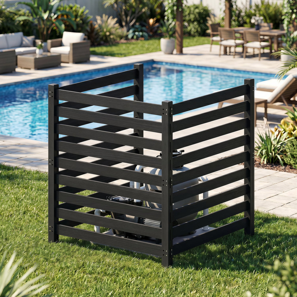 3-Panel Wooden Outdoor Privacy Fence with Ground Stakes-Black-Outdoor Privacy Screens-DECOROLALA