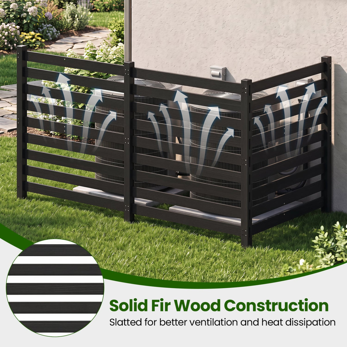 3-Panel Wooden Outdoor Privacy Fence with Ground Stakes-Black-Outdoor Privacy Screens-DECOROLALA