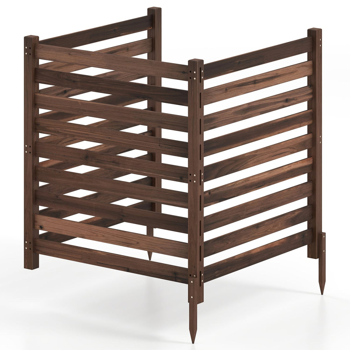 3-Panel Wooden Outdoor Privacy Fence with Ground Stakes-Brown-Outdoor Privacy Screens-DECOROLALA