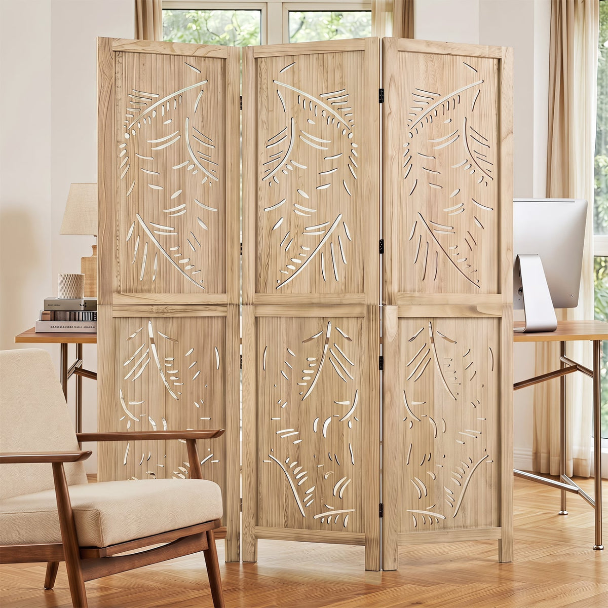 3-Panel Wooden Room Divider with Palm Leaf Design & Paulownia Frame for Home-Room Dividers-DECOROLALA