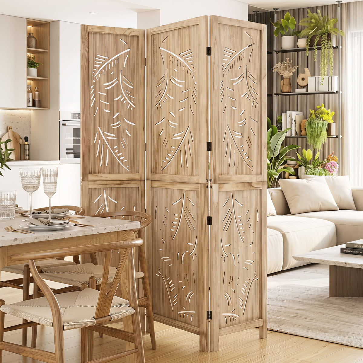 3-Panel Wooden Room Divider with Palm Leaf Design & Paulownia Frame for Home-Room Dividers-DECOROLALA