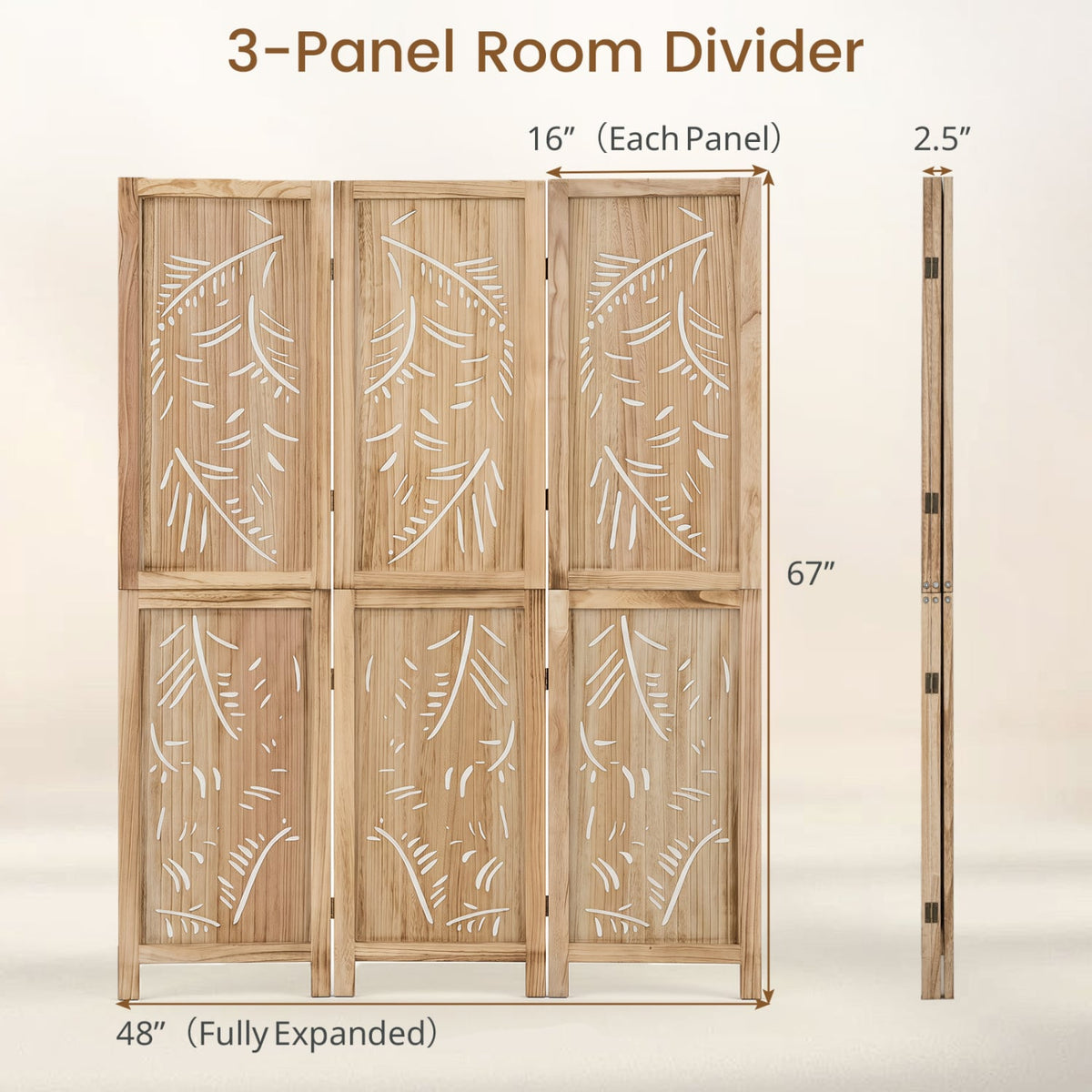 3-Panel Wooden Room Divider with Palm Leaf Design & Paulownia Frame for Home-Room Dividers-DECOROLALA