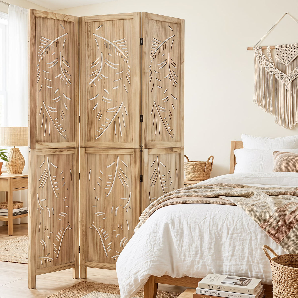 3-Panel Wooden Room Divider with Palm Leaf Design & Paulownia Frame for Home-Room Dividers-DECOROLALA