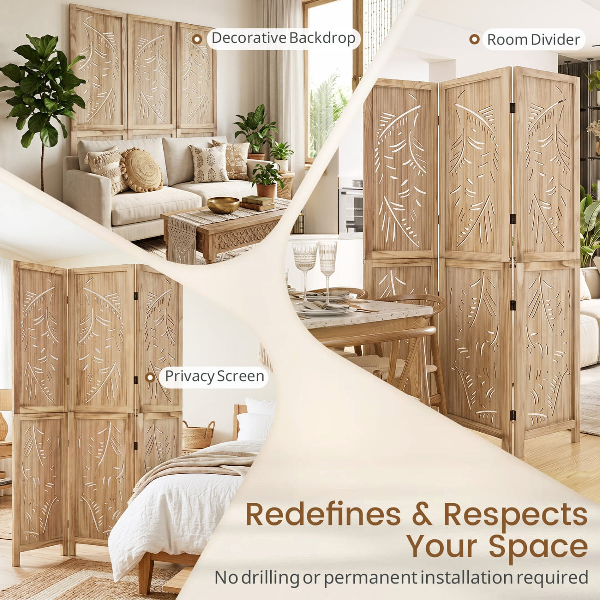3-Panel Wooden Room Divider with Palm Leaf Design & Paulownia Frame for Home-Room Dividers-DECOROLALA