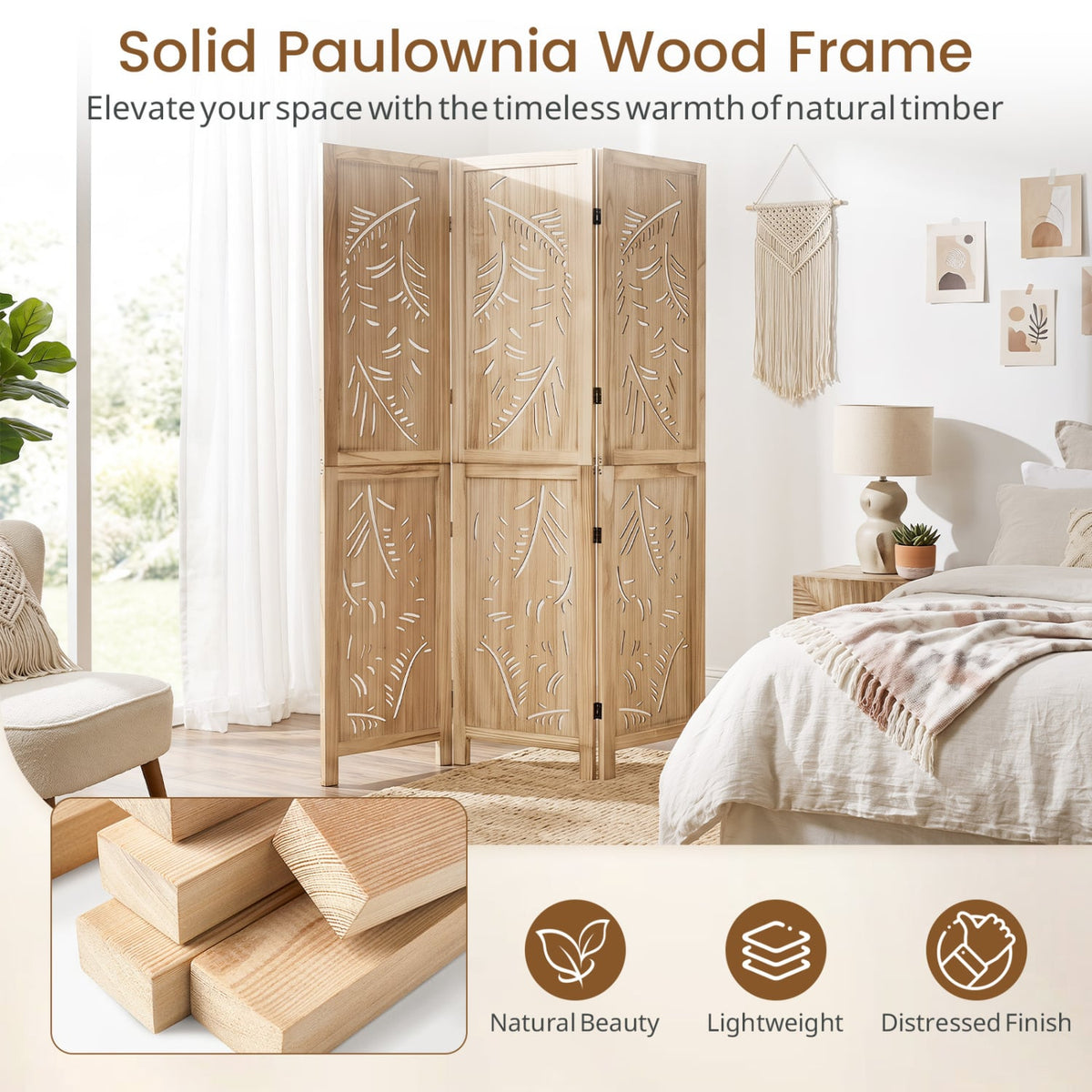 3-Panel Wooden Room Divider with Palm Leaf Design & Paulownia Frame for Home-Room Dividers-DECOROLALA