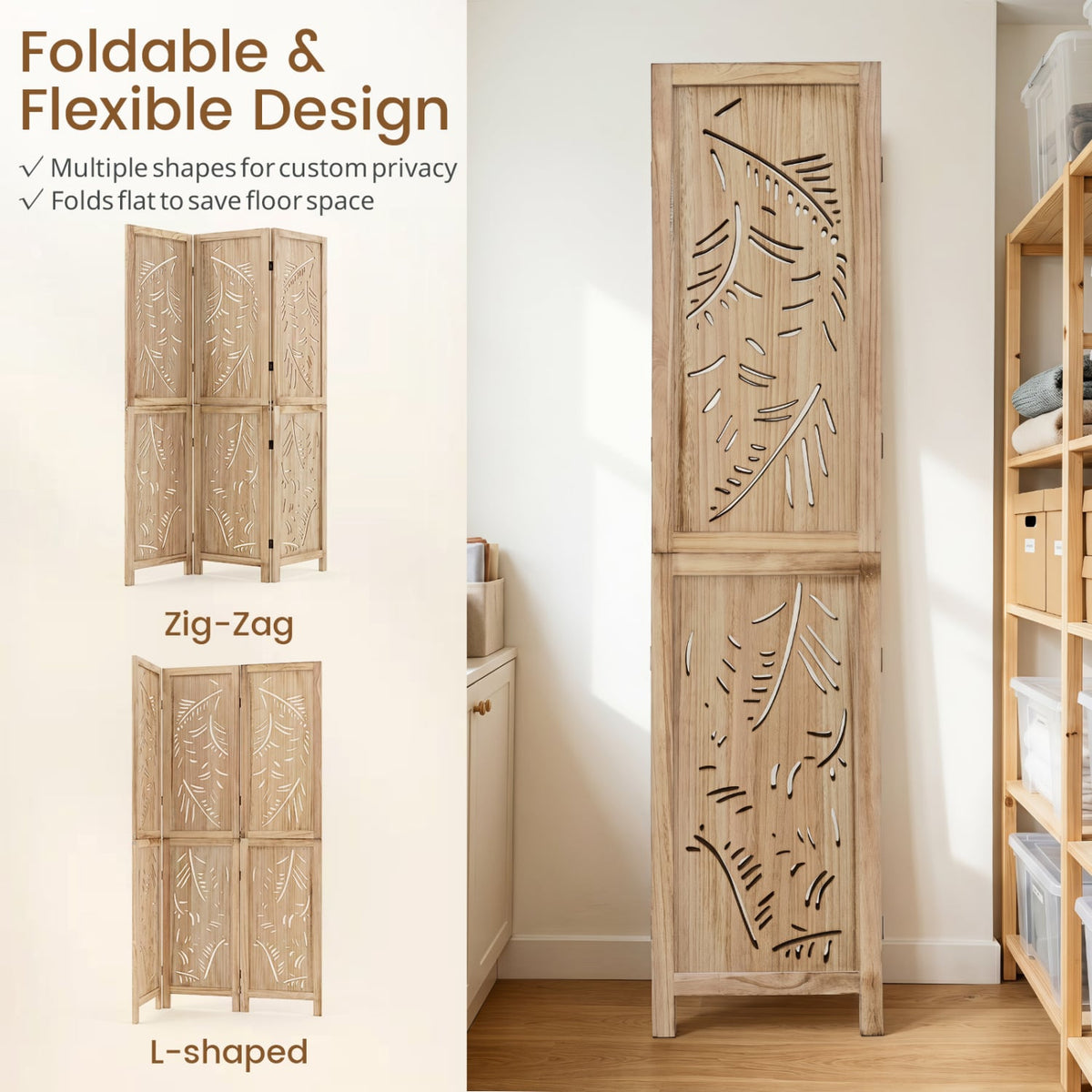 3-Panel Wooden Room Divider with Palm Leaf Design & Paulownia Frame for Home-Room Dividers-DECOROLALA