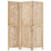 3-Panel Wooden Room Divider with Palm Leaf Design & Paulownia Frame for Home-Room Dividers-DECOROLALA