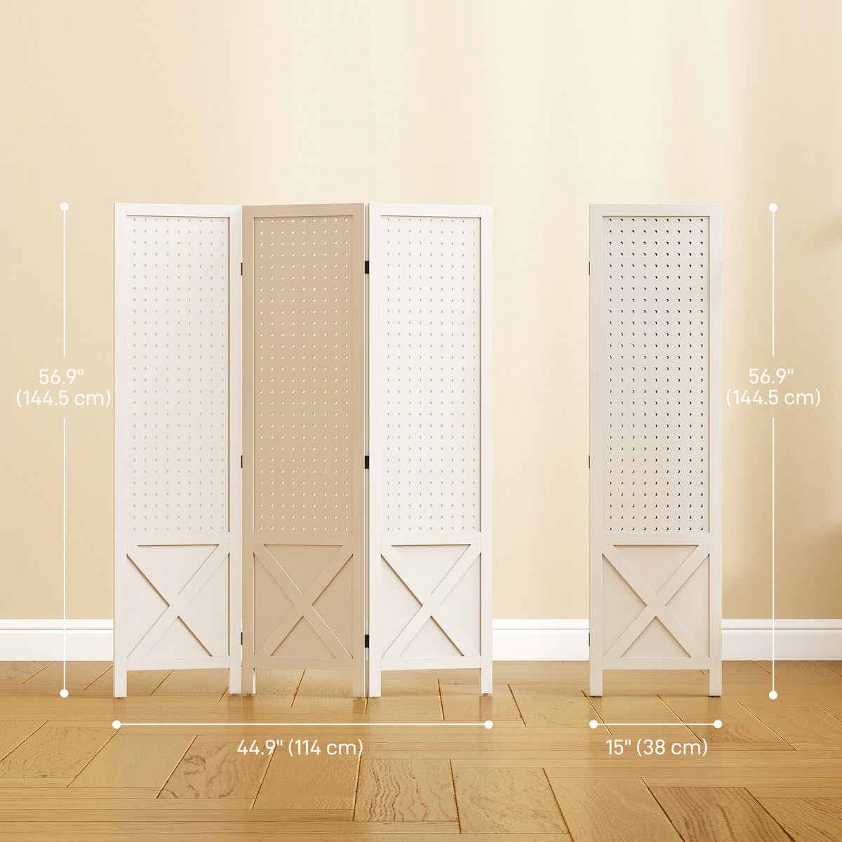 3 Panel Wooden Room Divider with Pegboard - 57" White-Home Furnishings > Living Room Furniture > Room Dividers-DECOROLALA