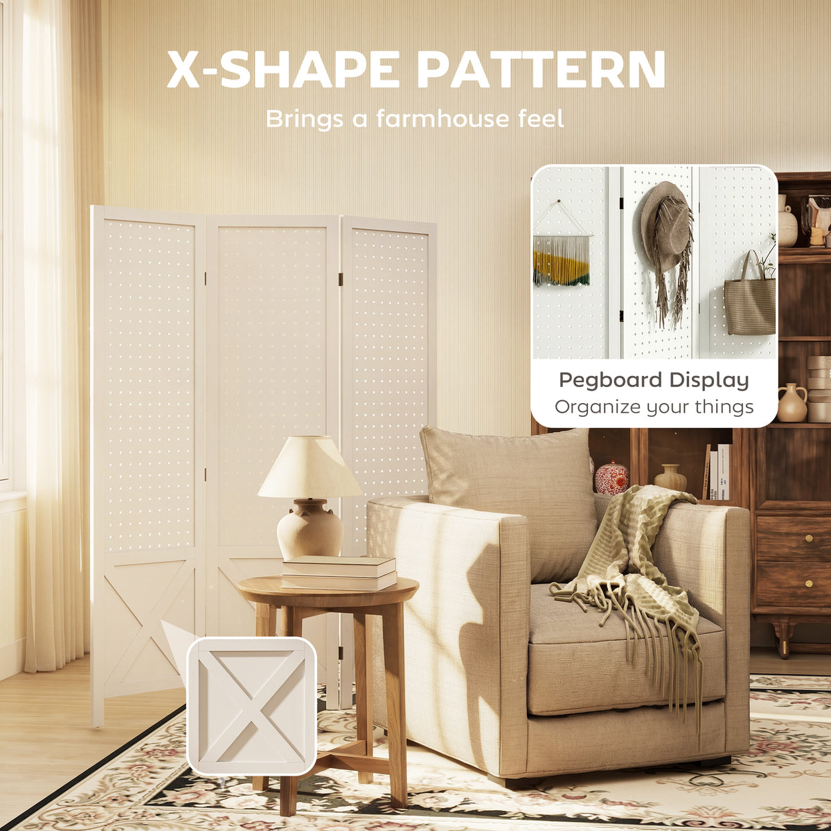 3 Panel Wooden Room Divider with Pegboard - 57" White-Home Furnishings > Living Room Furniture > Room Dividers-DECOROLALA