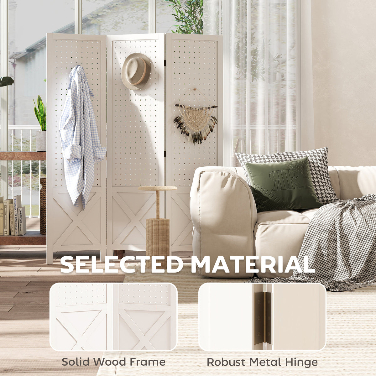 3 Panel Wooden Room Divider with Pegboard - 57" White-Home Furnishings > Living Room Furniture > Room Dividers-DECOROLALA