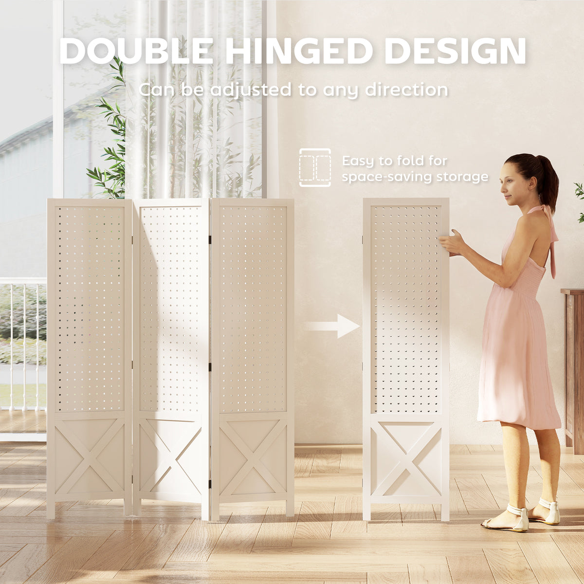 3 Panel Wooden Room Divider with Pegboard - 57" White-Home Furnishings > Living Room Furniture > Room Dividers-DECOROLALA