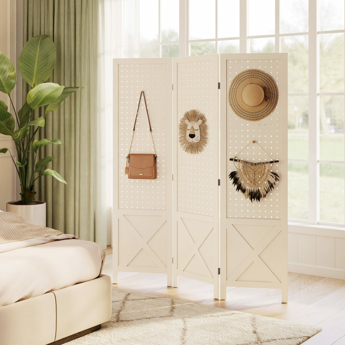 3 Panel Wooden Room Divider with Pegboard - 57" White-Home Furnishings > Living Room Furniture > Room Dividers-DECOROLALA