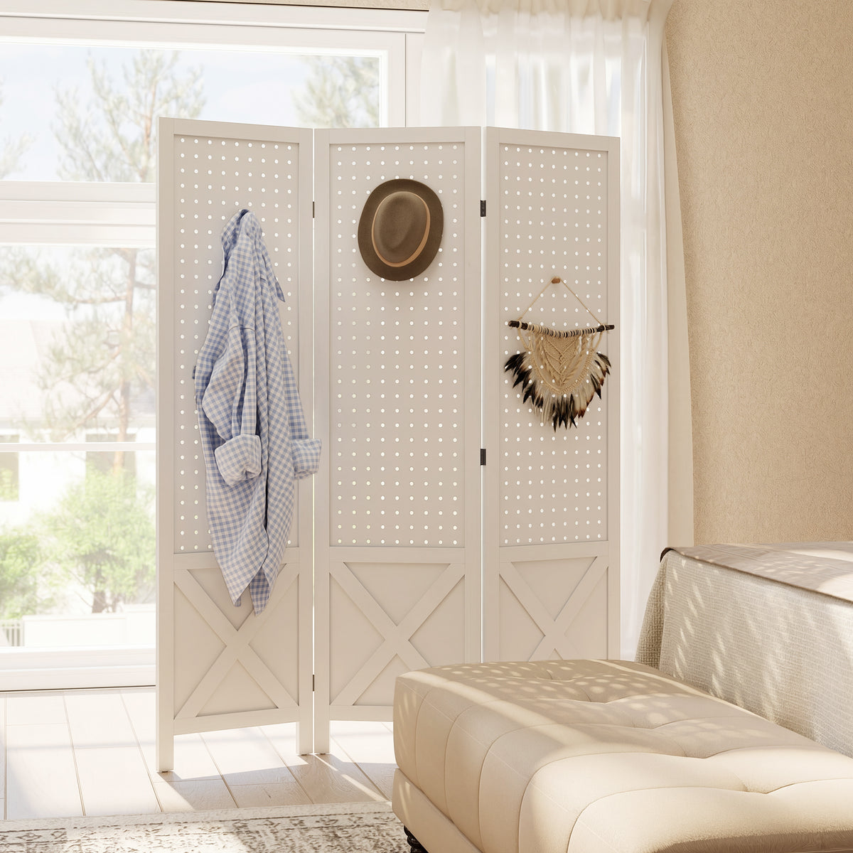 3 Panel Wooden Room Divider with Pegboard - 57" White-Home Furnishings > Living Room Furniture > Room Dividers-DECOROLALA