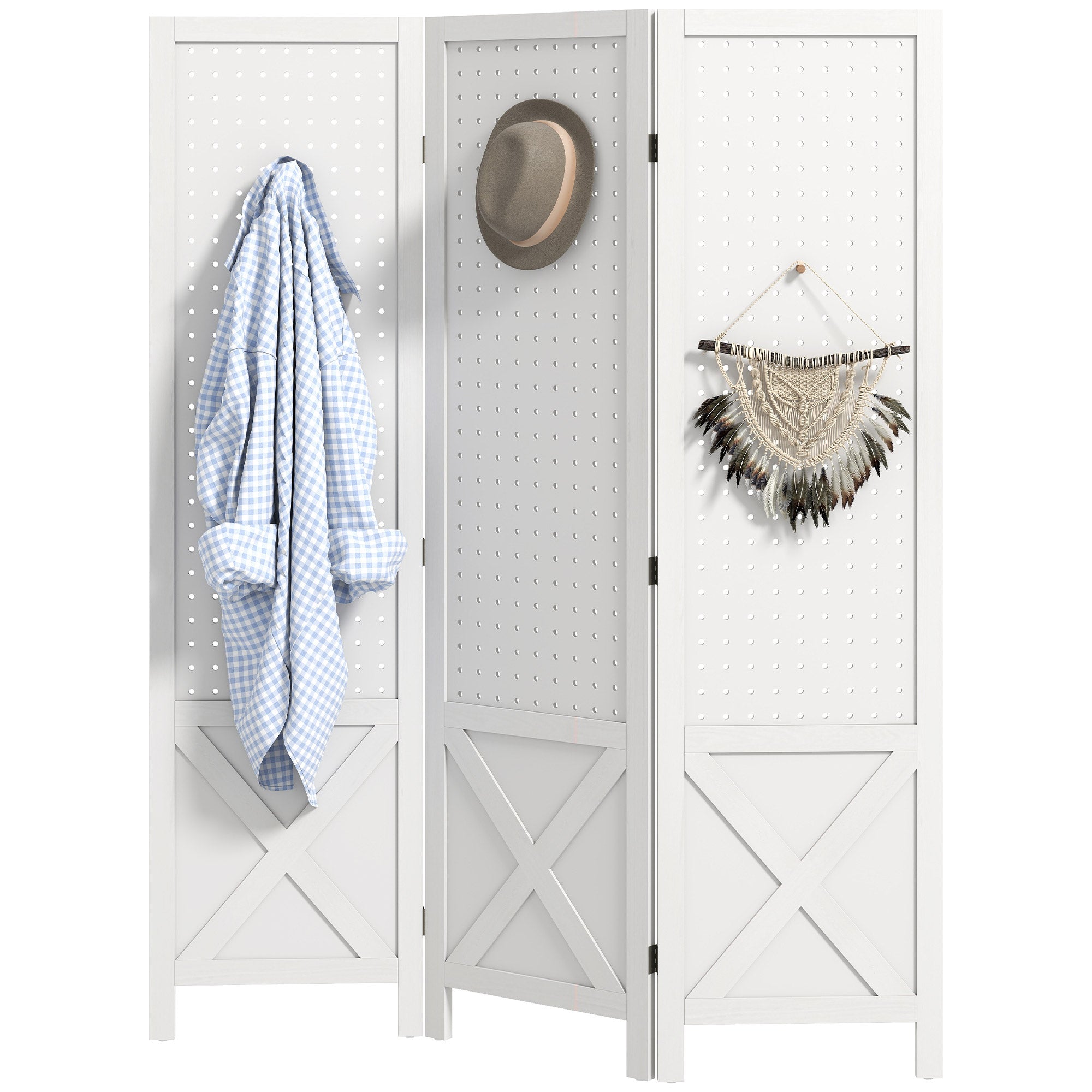 3 Panel Wooden Room Divider with Pegboard - 57" White-Home Furnishings > Living Room Furniture > Room Dividers-DECOROLALA