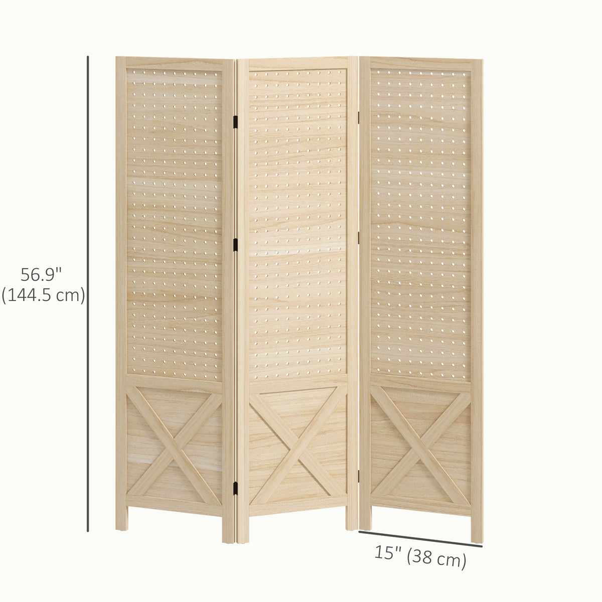 3-Panel Wooden Room Divider with Pegboard - Natural 57" H-Home Furnishings > Living Room Furniture > Room Dividers-DECOROLALA