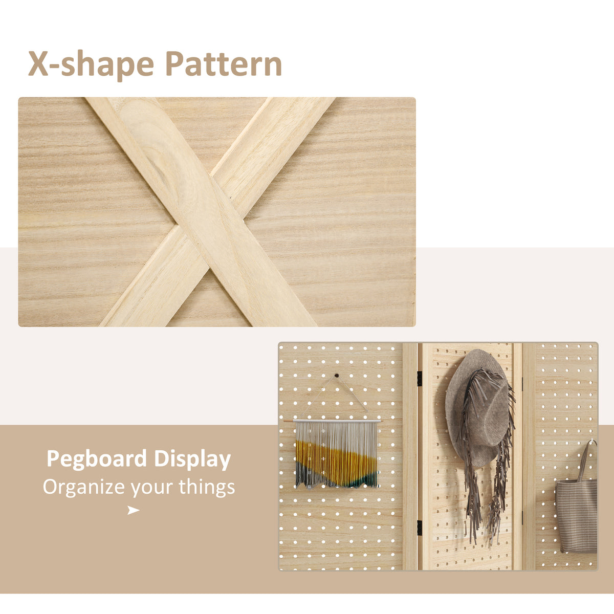 3-Panel Wooden Room Divider with Pegboard - Natural 57" H-Home Furnishings > Living Room Furniture > Room Dividers-DECOROLALA