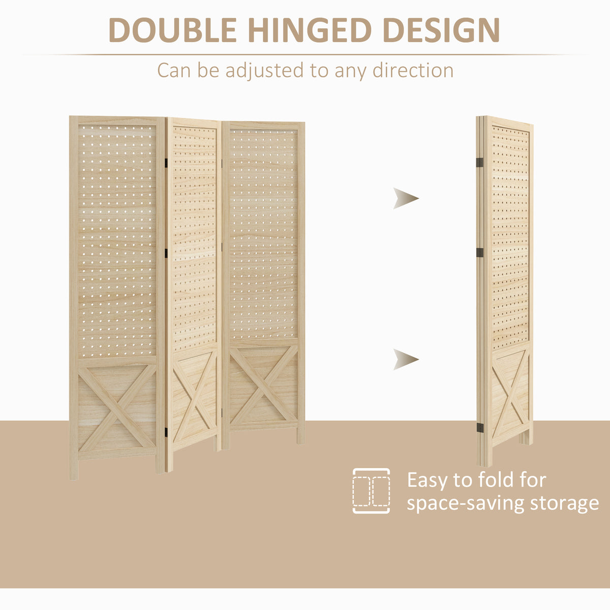 3-Panel Wooden Room Divider with Pegboard - Natural 57" H-Home Furnishings > Living Room Furniture > Room Dividers-DECOROLALA