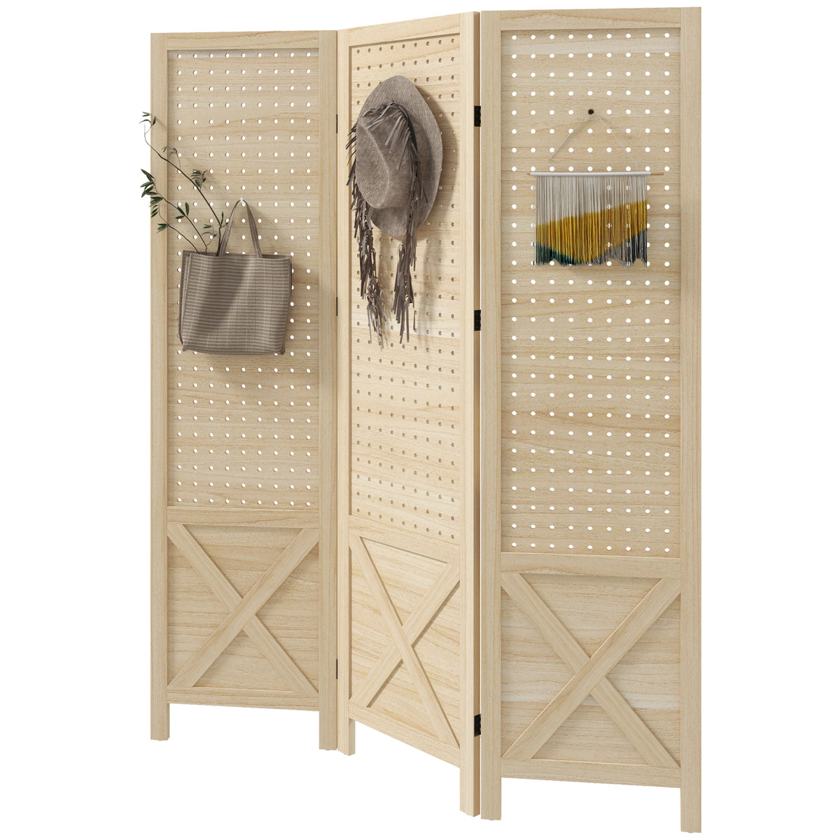 3-Panel Wooden Room Divider with Pegboard - Natural 57" H-Home Furnishings > Living Room Furniture > Room Dividers-DECOROLALA