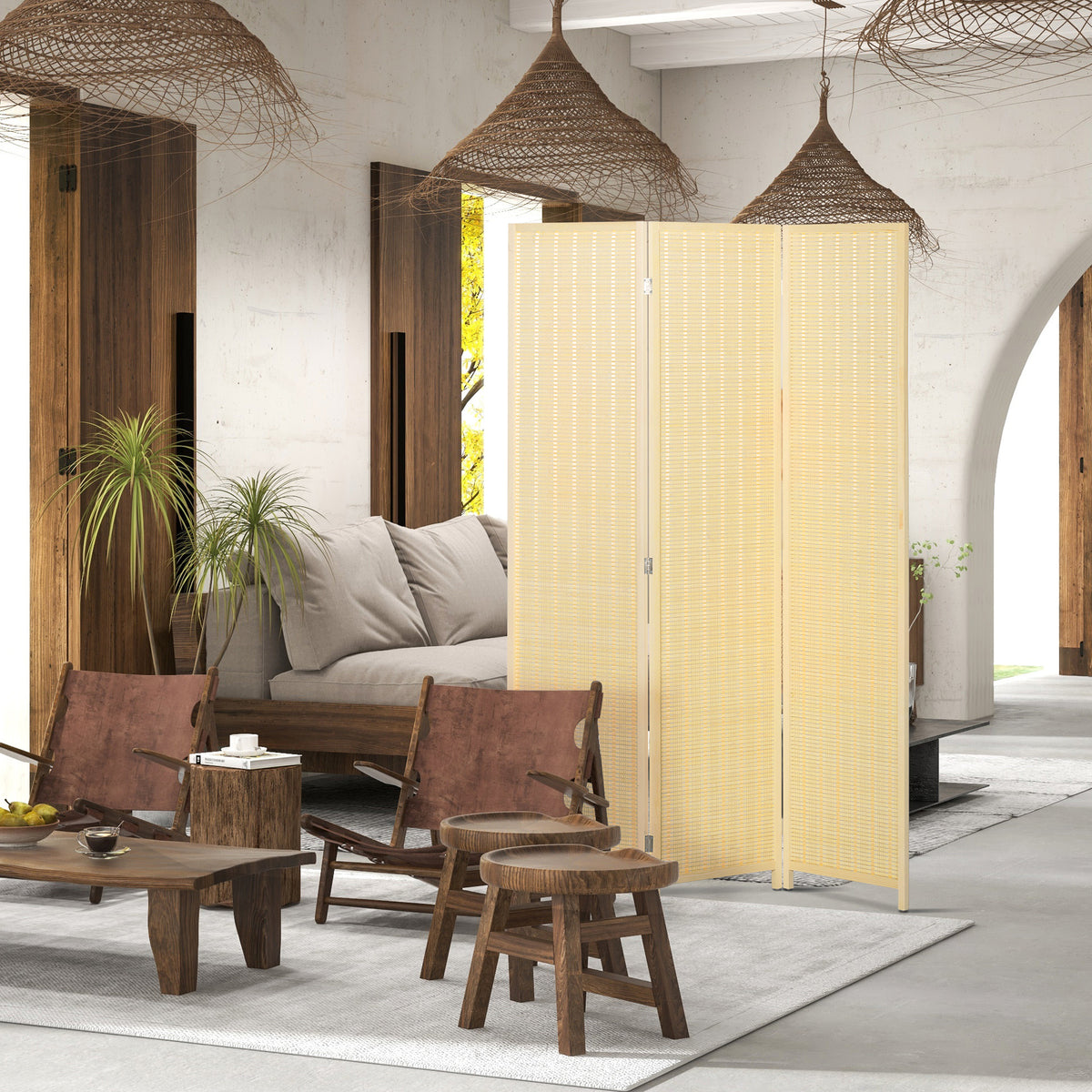 3-Panel Woven Bamboo Room Divider - Natural Wood 71" H-Home Furnishings > Living Room Furniture > Room Dividers-DECOROLALA