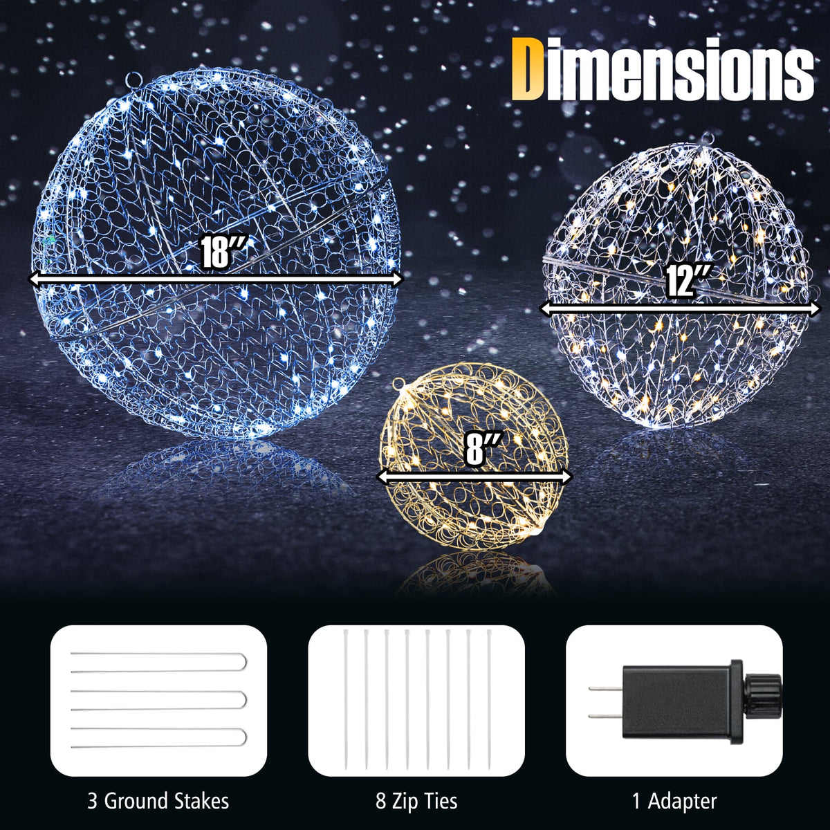 3 Pcs Lighted Christmas Balls Large Standing/Hanging Metal Sphere Lights with 435 LEDs-Christmas Decorations & Accessories-DECOROLALA