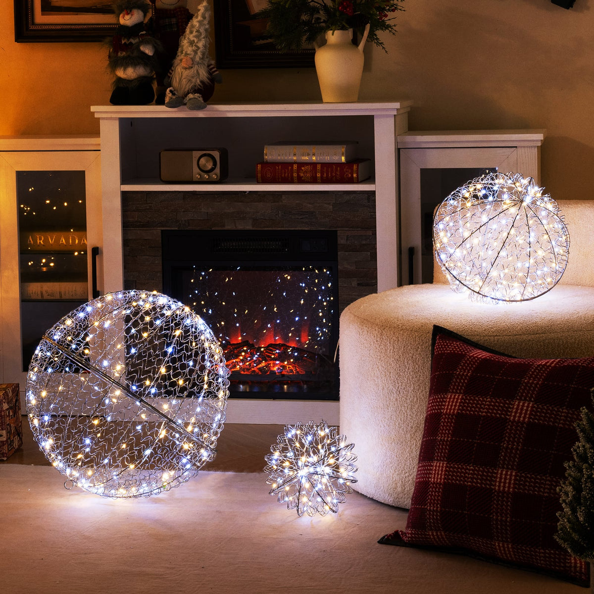 3 Pcs Lighted Christmas Balls Large Standing/Hanging Metal Sphere Lights with 435 LEDs-Christmas Decorations & Accessories-DECOROLALA