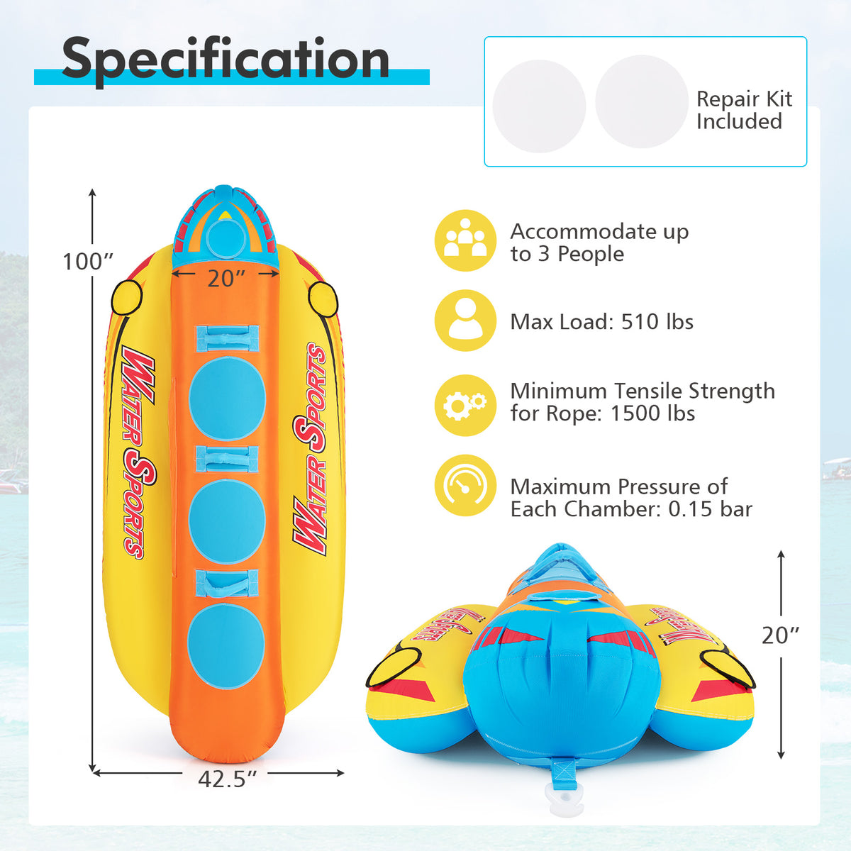 3-Person Inflatable Banana Boat with 3 EVA-padded Seats and Handles-Water Sports-DECOROLALA