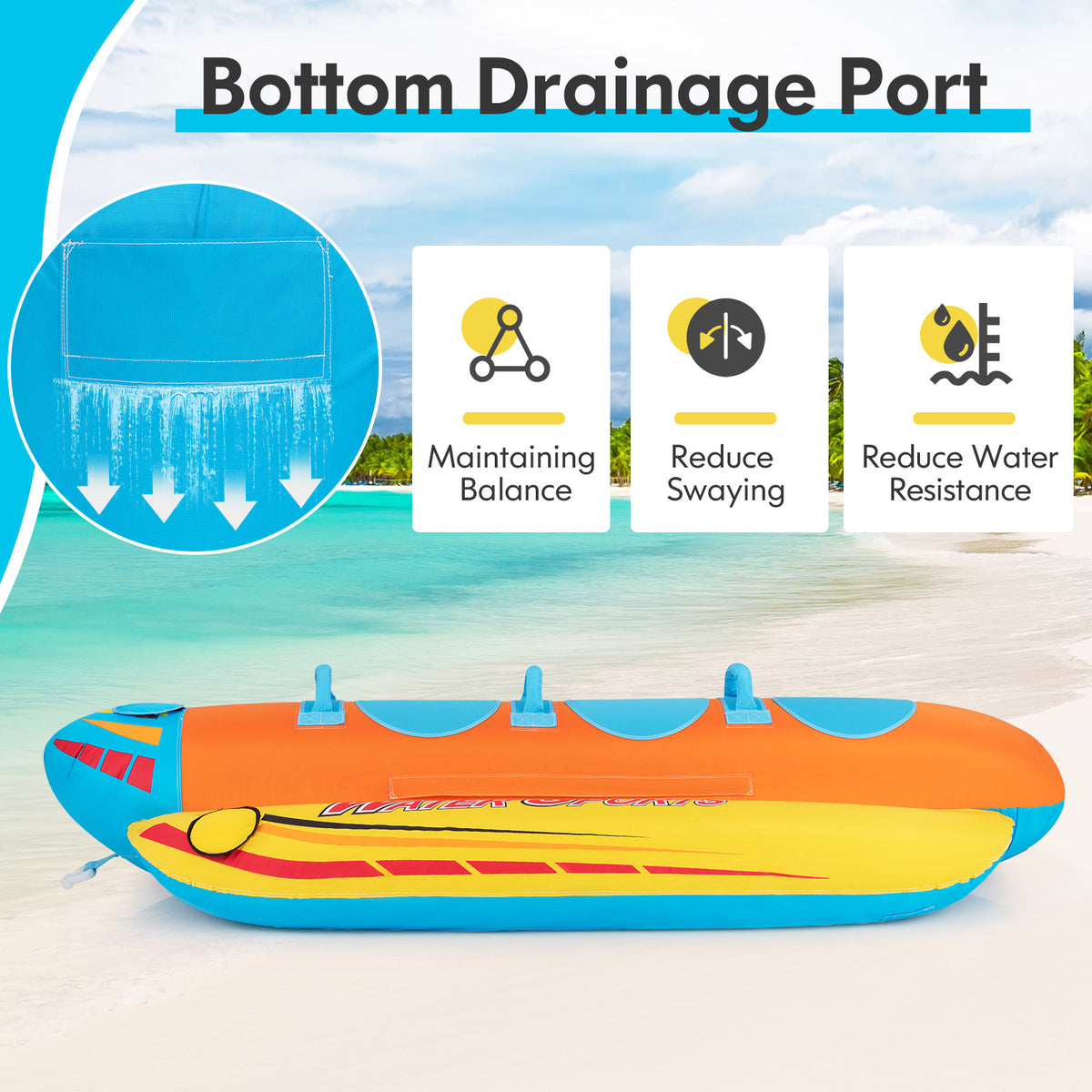 3-Person Inflatable Banana Boat with 3 EVA-padded Seats and Handles-Water Sports-DECOROLALA