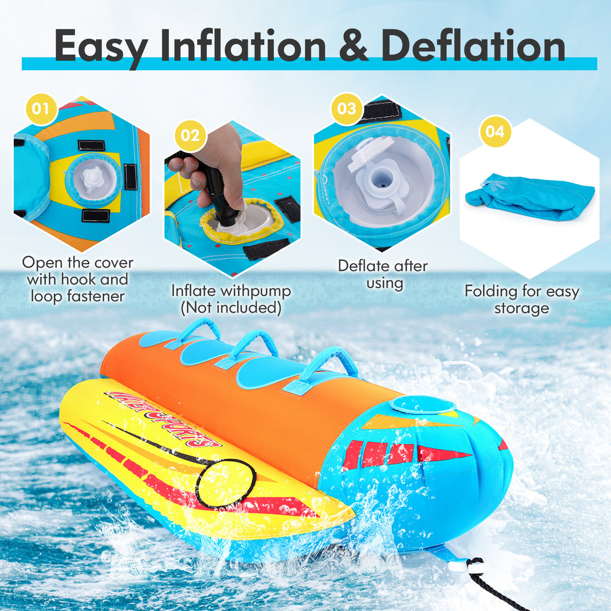 3-Person Inflatable Banana Boat with 3 EVA-padded Seats and Handles-Water Sports-DECOROLALA