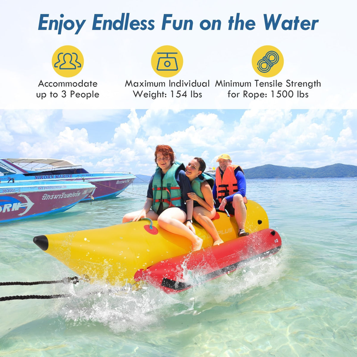 3-Person Inflatable Banana Boat with Electric Air Pump Carrying Bag and Repair Kit-Water Sports-DECOROLALA