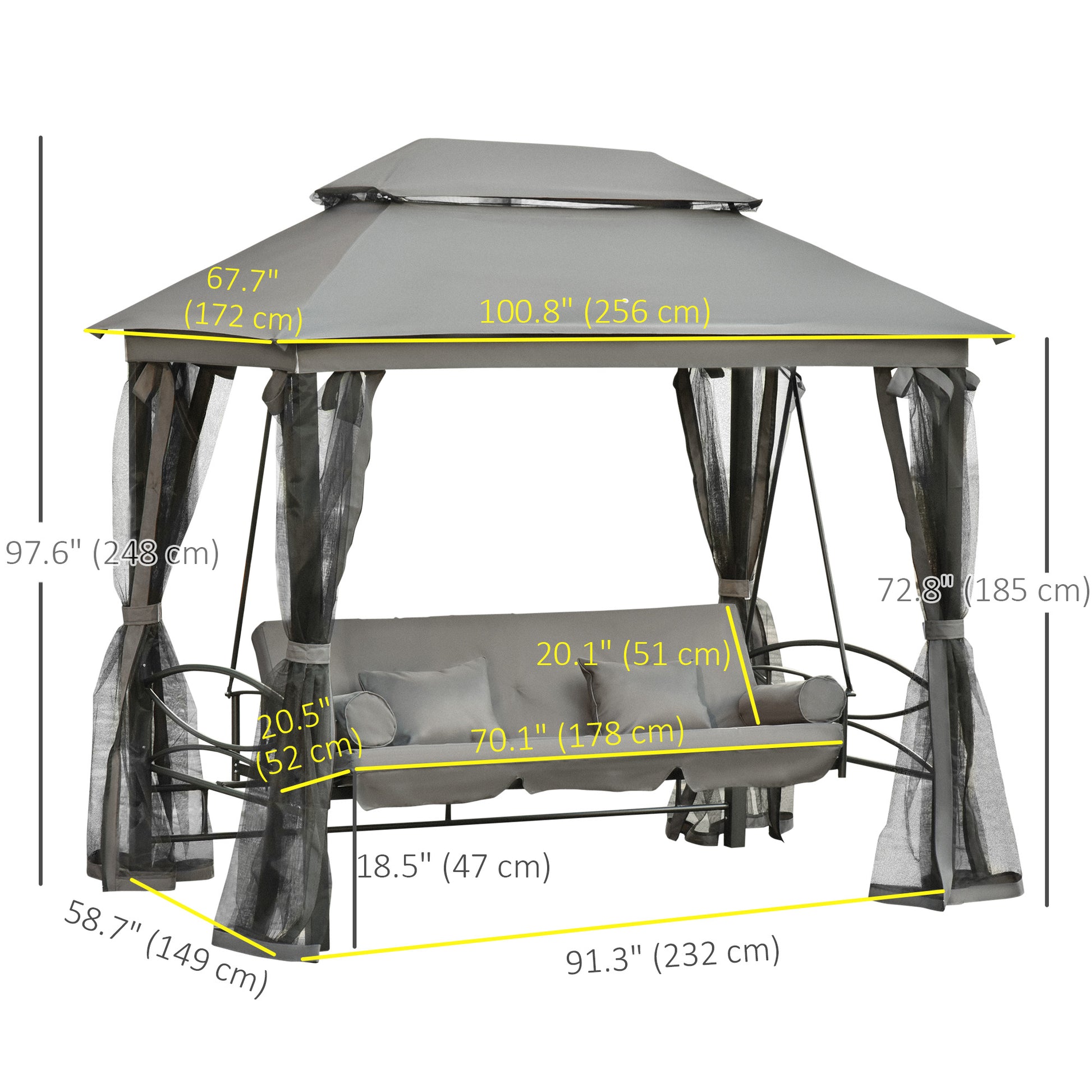 3-Person Outdoor Patio Swing Daybed with Gazebo Canopy - Dark Grey-DECOROLALA