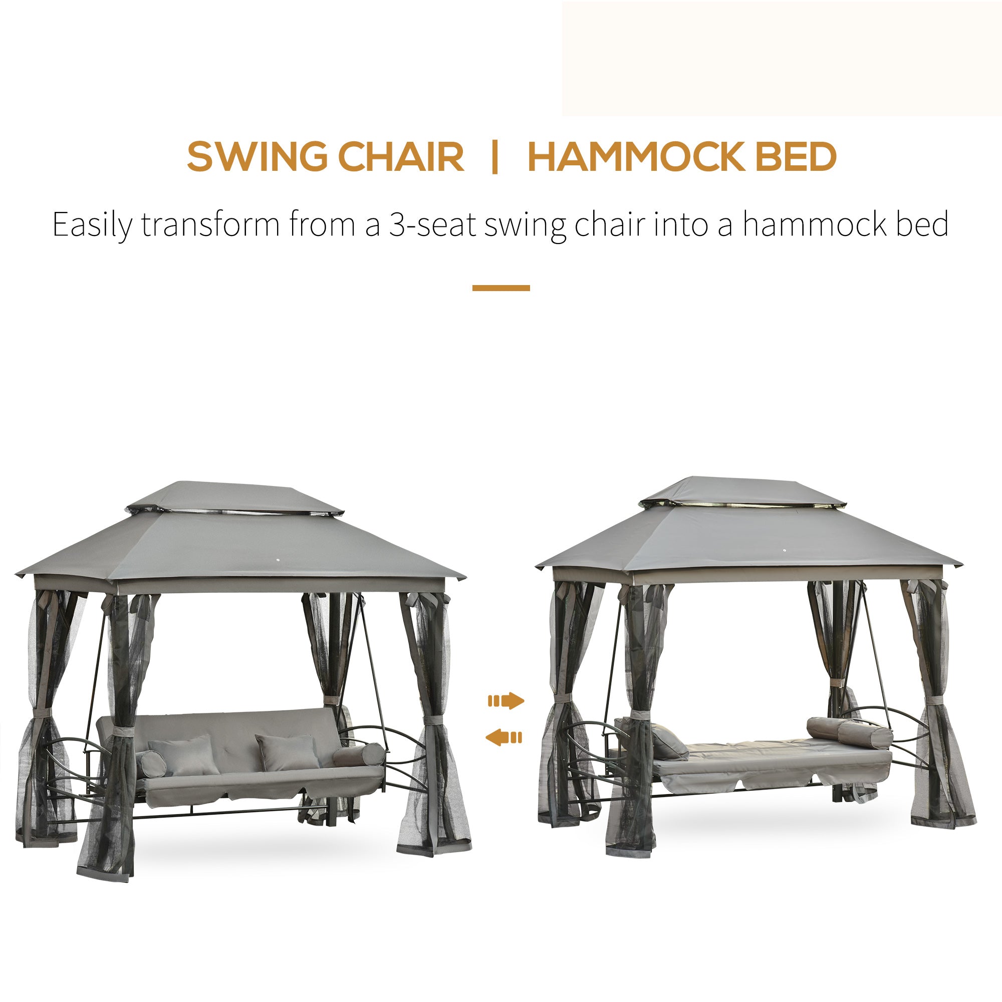 3-Person Outdoor Patio Swing Daybed with Gazebo Canopy - Dark Grey-DECOROLALA