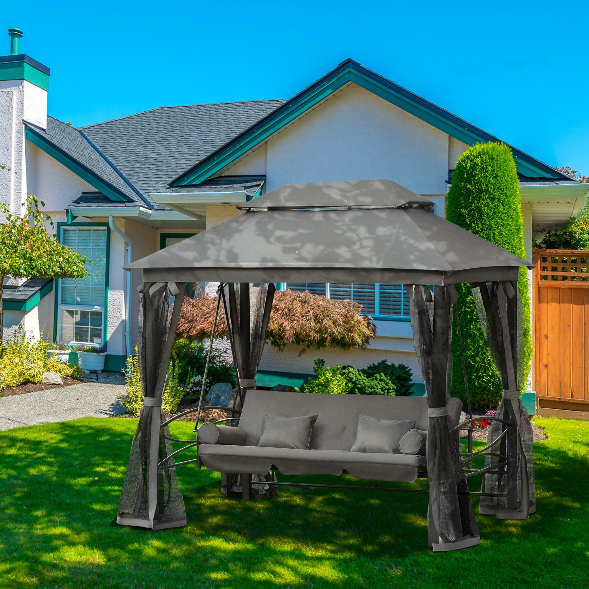3-Person Outdoor Patio Swing Daybed with Gazebo Canopy - Dark Grey-DECOROLALA